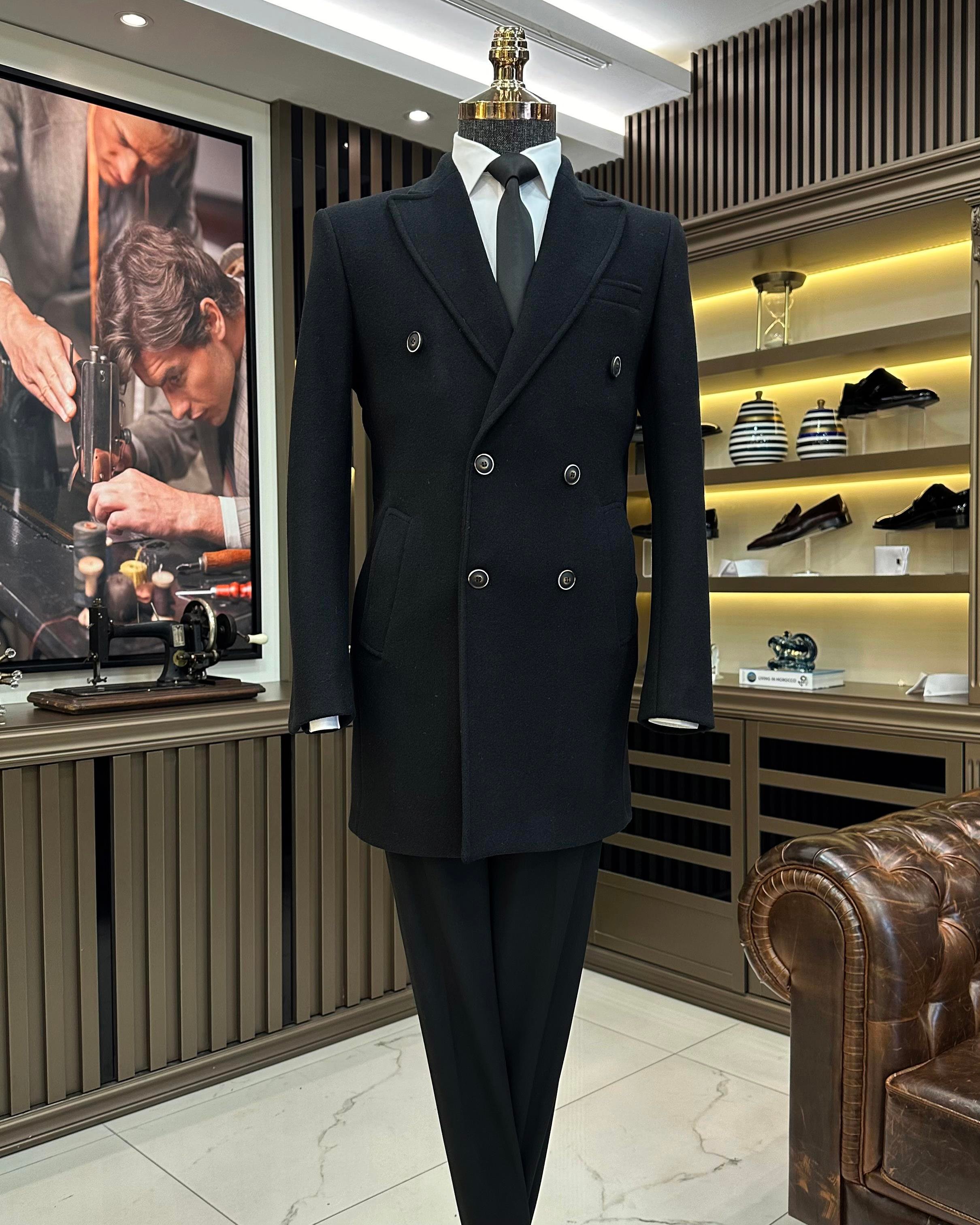 Italian style double-breasted wool-blend stamp men's coat black T11009