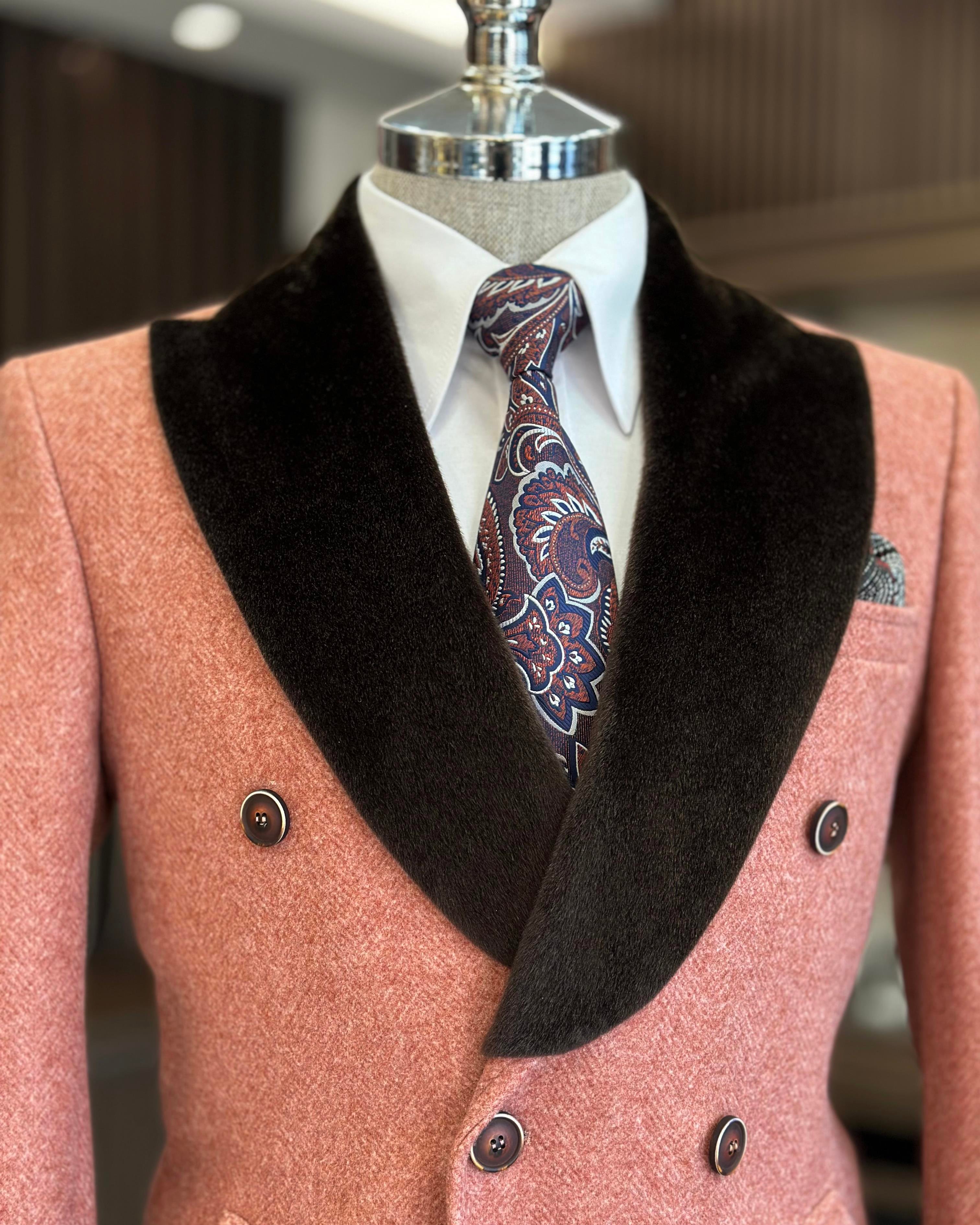 İtalyan stil kürk yaka kruvaze yün karışımlı kaşe erkek kaban kiremit T11006