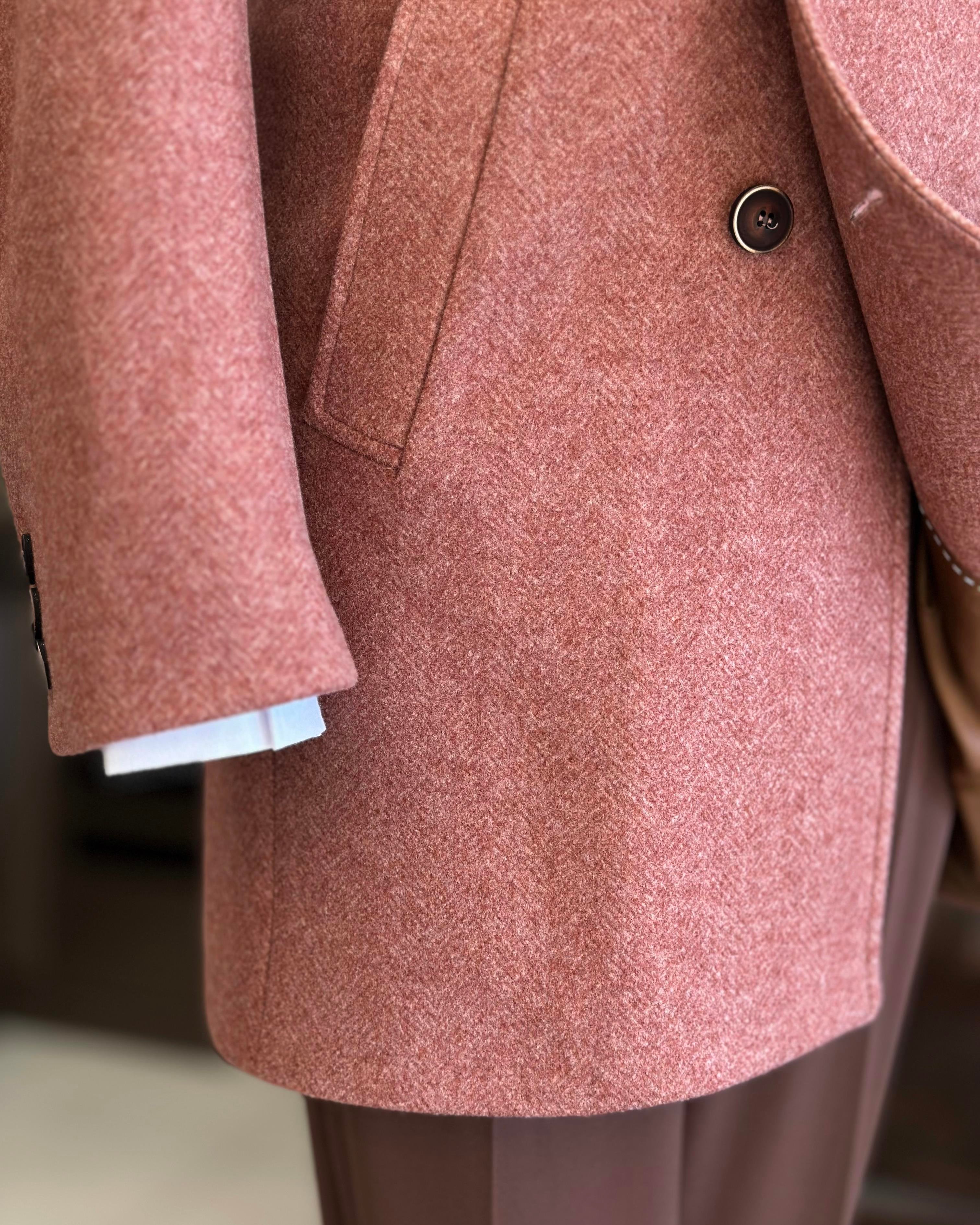 İtalyan stil kürk yaka kruvaze yün karışımlı kaşe erkek kaban kiremit T11006