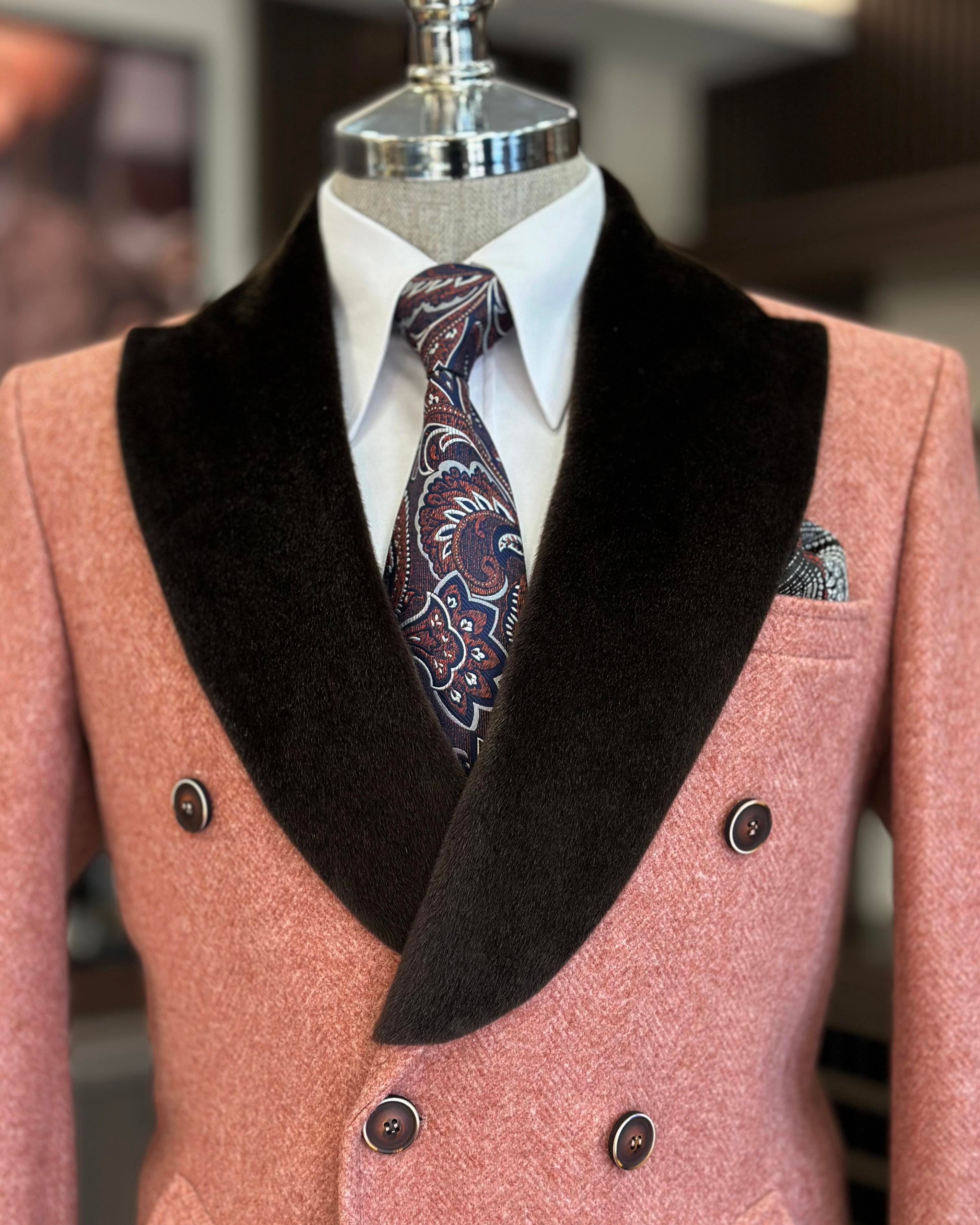 İtalyan stil kürk yaka kruvaze yün karışımlı kaşe erkek kaban kiremit T11006