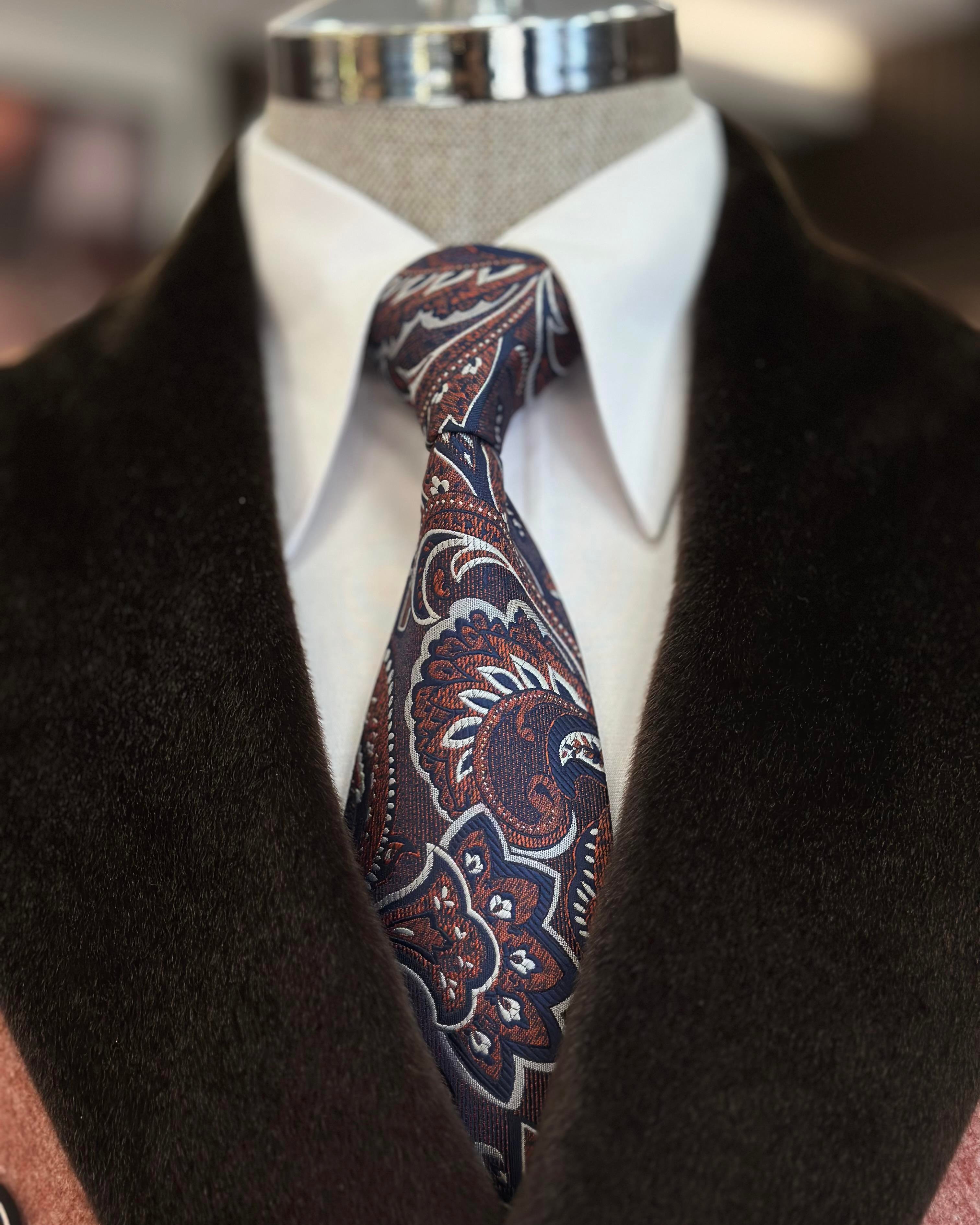 İtalyan stil kürk yaka kruvaze yün karışımlı kaşe erkek kaban kiremit T11006