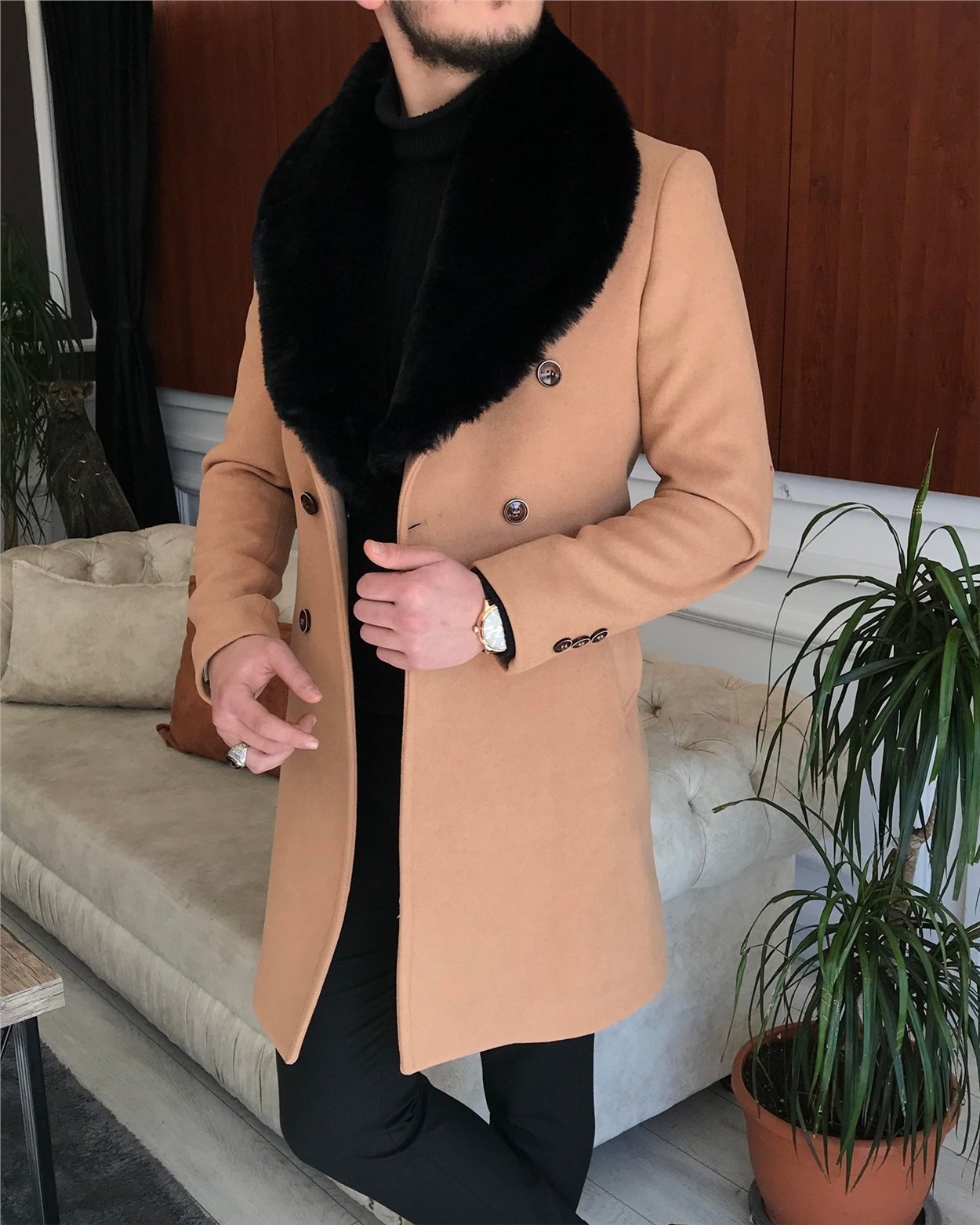 İtalyan stil kürk yaka kruvaze yün kaşe kaban Bal Köpüğü T6827