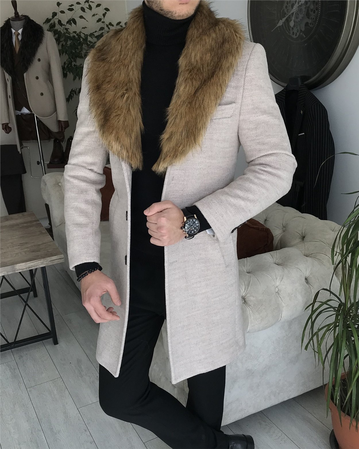 İtalyan stil kürk yaka yün kaşe kaban Bej T6804