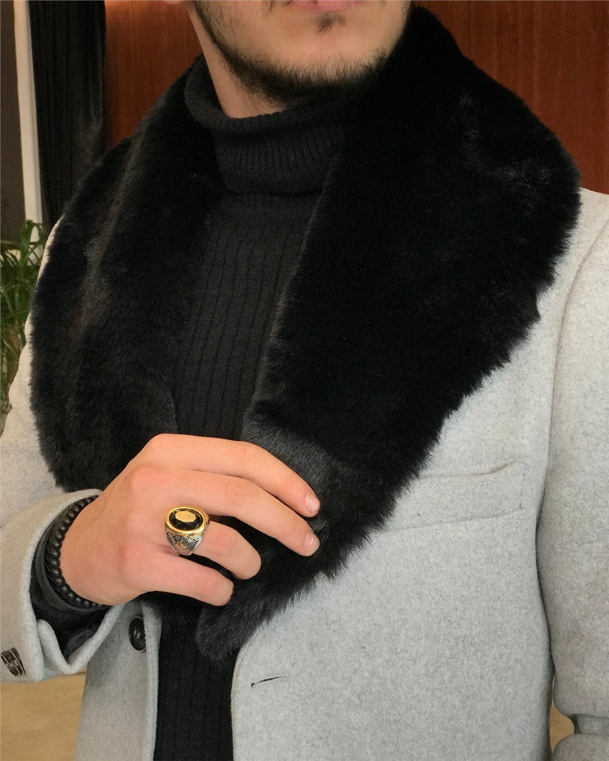İtalyan stil kürk yaka yün kaşe kaban Gri T6800
