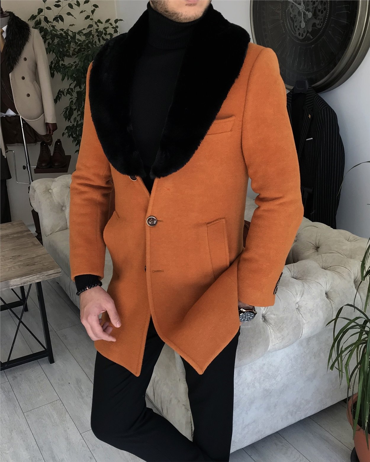İtalyan stil kürk yaka yün kaşe kaban Turuncu T6801