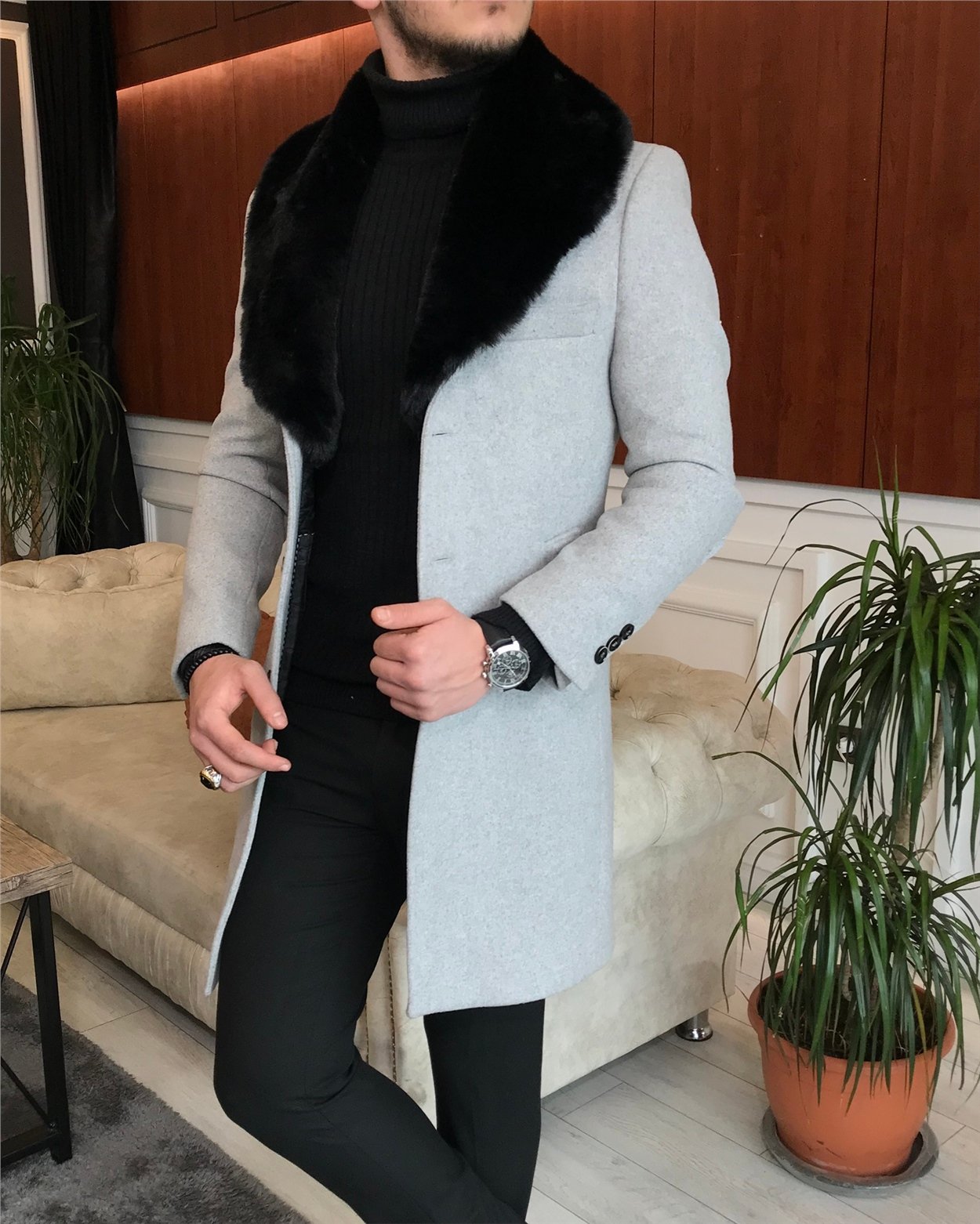 İtalyan stil kürk yaka yün kaşe kaban Gri T6800