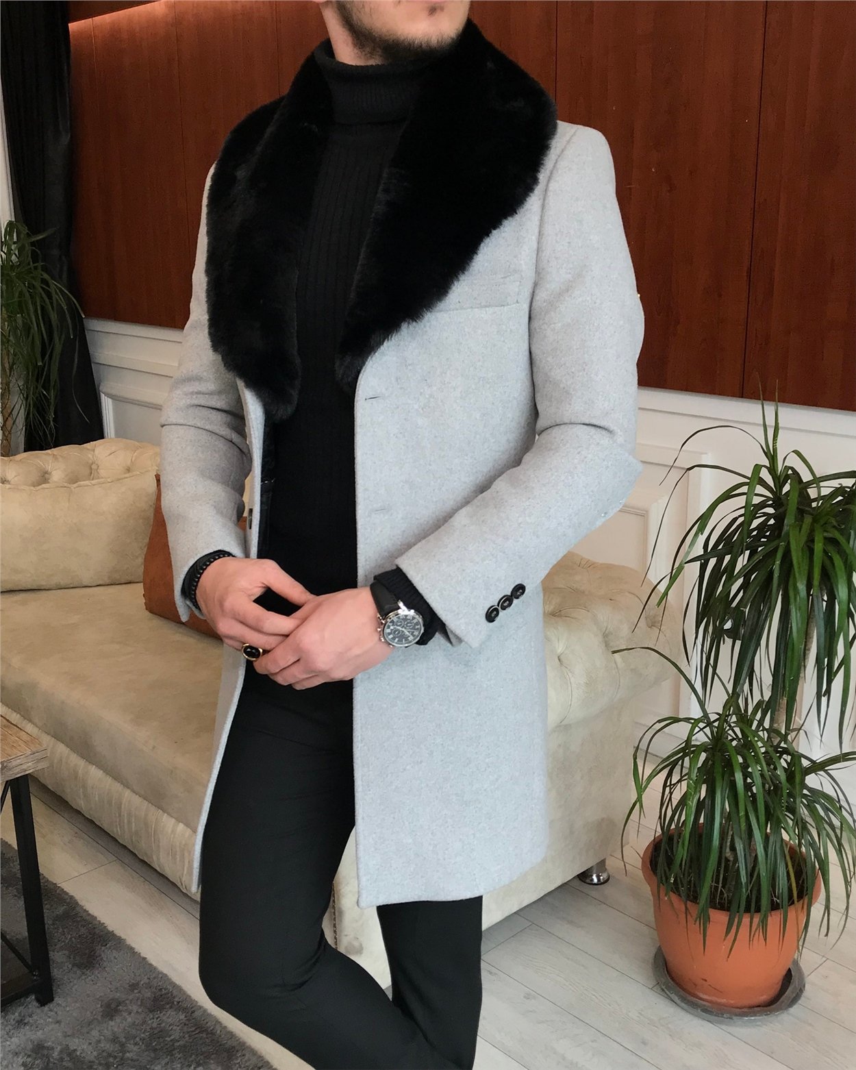 İtalyan stil kürk yaka yün kaşe kaban Gri T6800