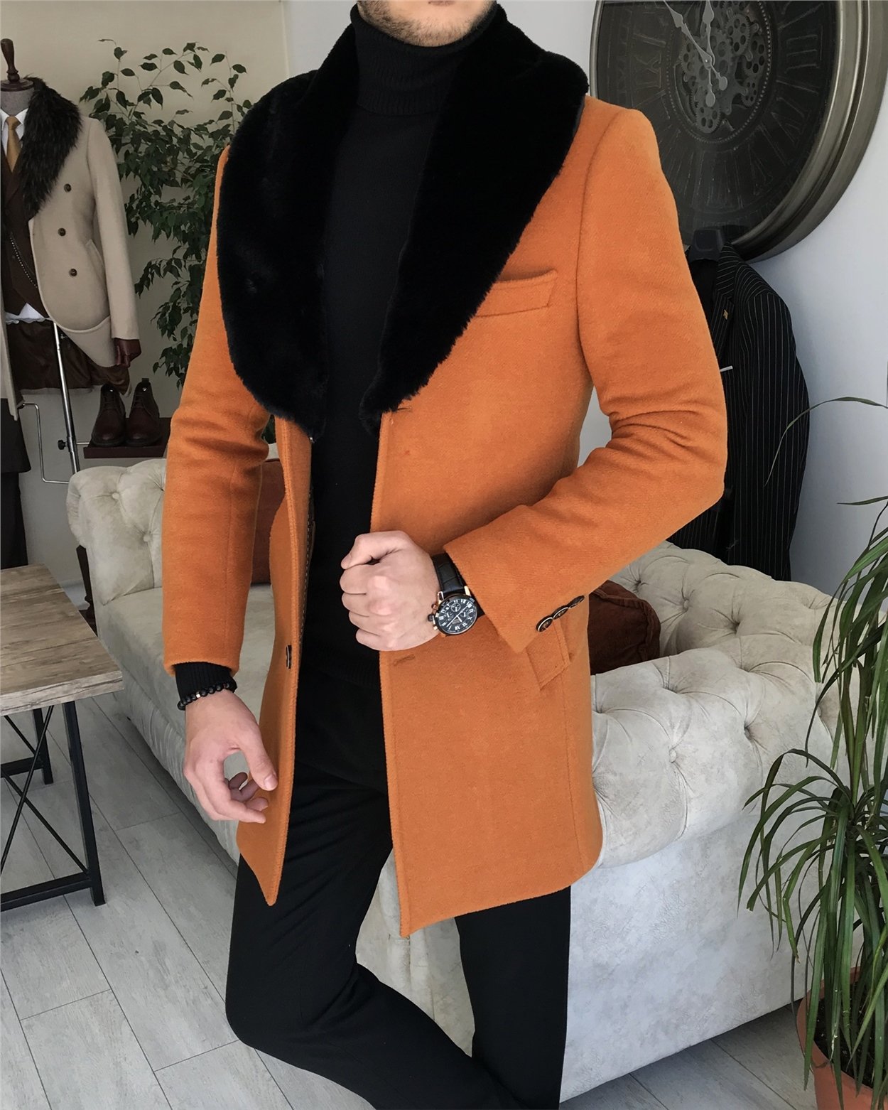 İtalyan stil kürk yaka yün kaşe kaban Turuncu T6801