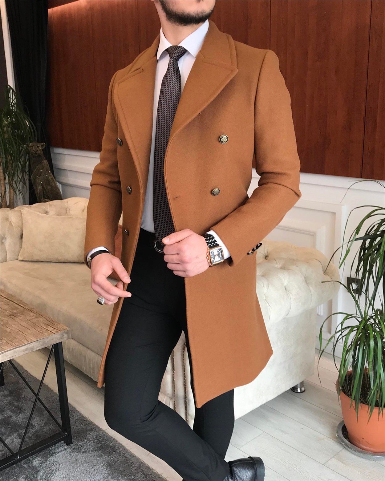 İtalyan stil metal düğme kruvaze yün kaşe kaban Camel T6823