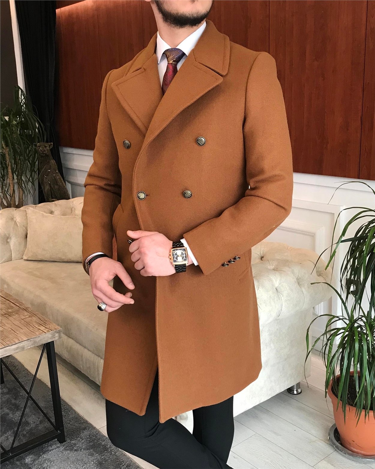 İtalyan stil metal düğme kruvaze yün kaşe kaban Camel T6823