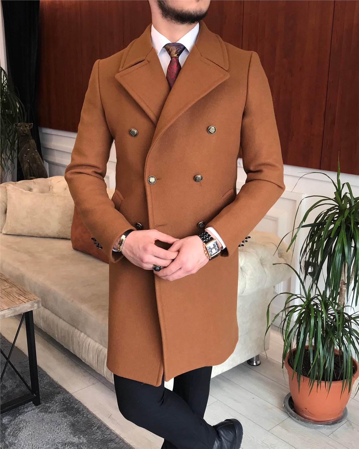 İtalyan stil metal düğme kruvaze yün kaşe kaban Camel T6823