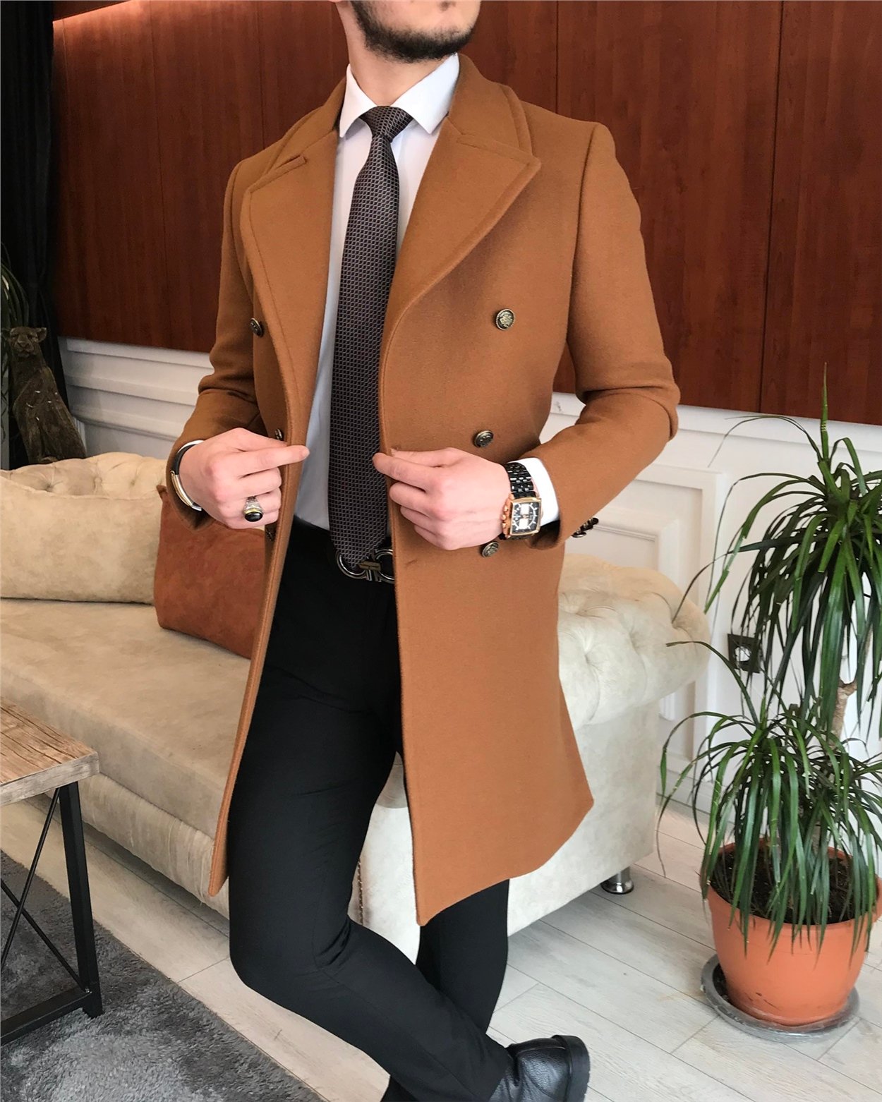 İtalyan stil metal düğme kruvaze yün kaşe kaban Camel T6823