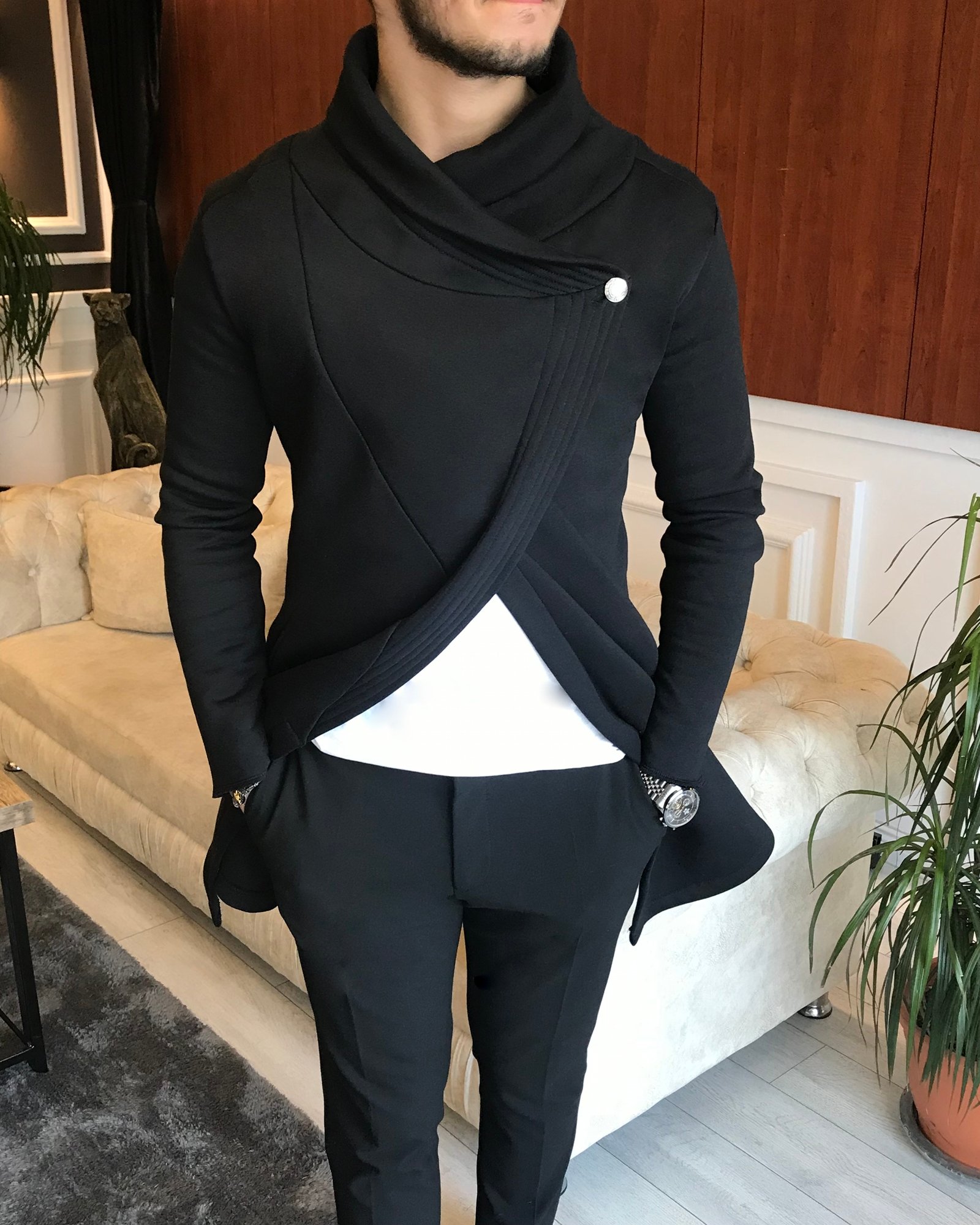 İtalyan Stil Mevsimlik Metal Düğme Panço Siyah T6567