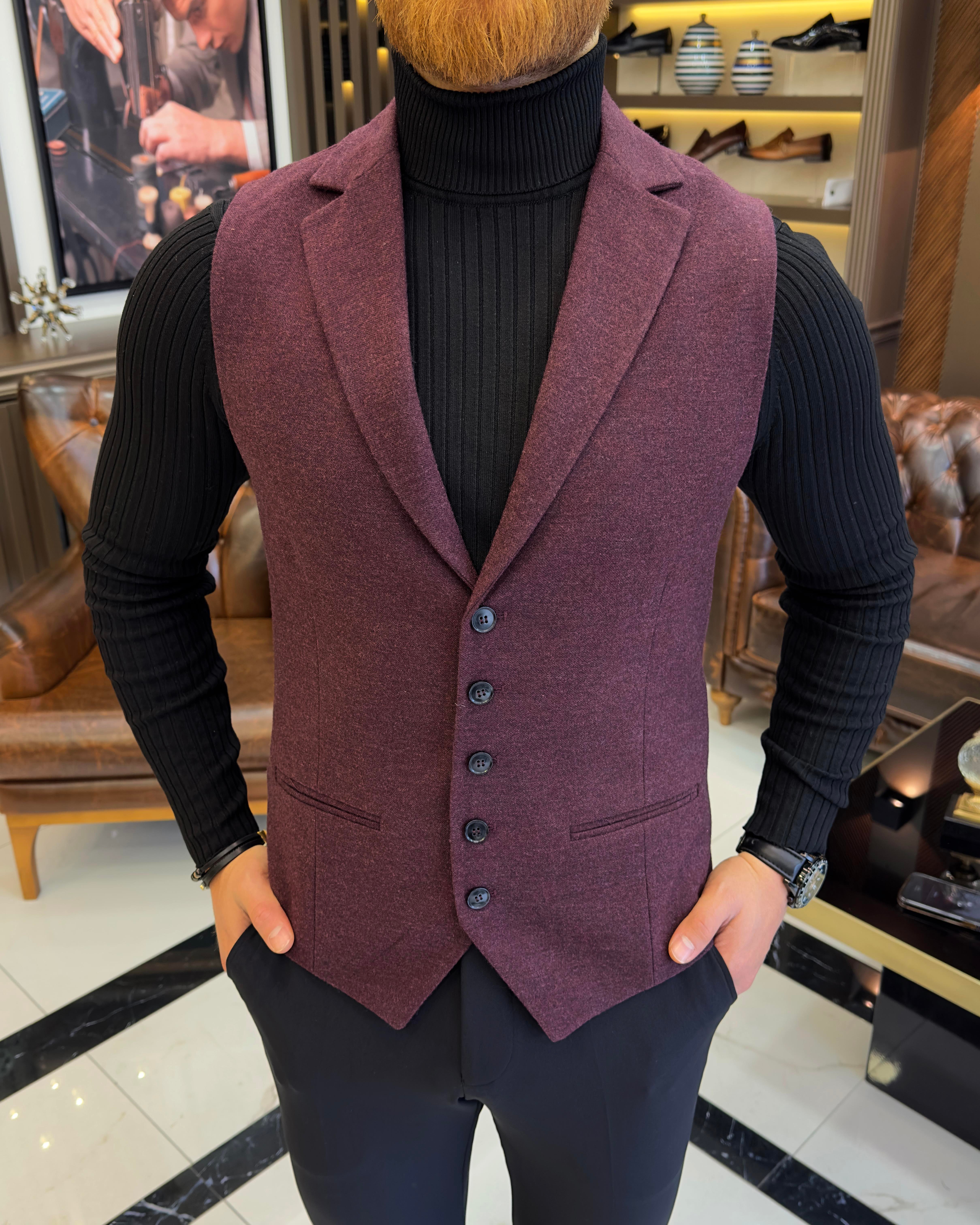 İtalyan stil mono yaka cepken yelek bordo T10477