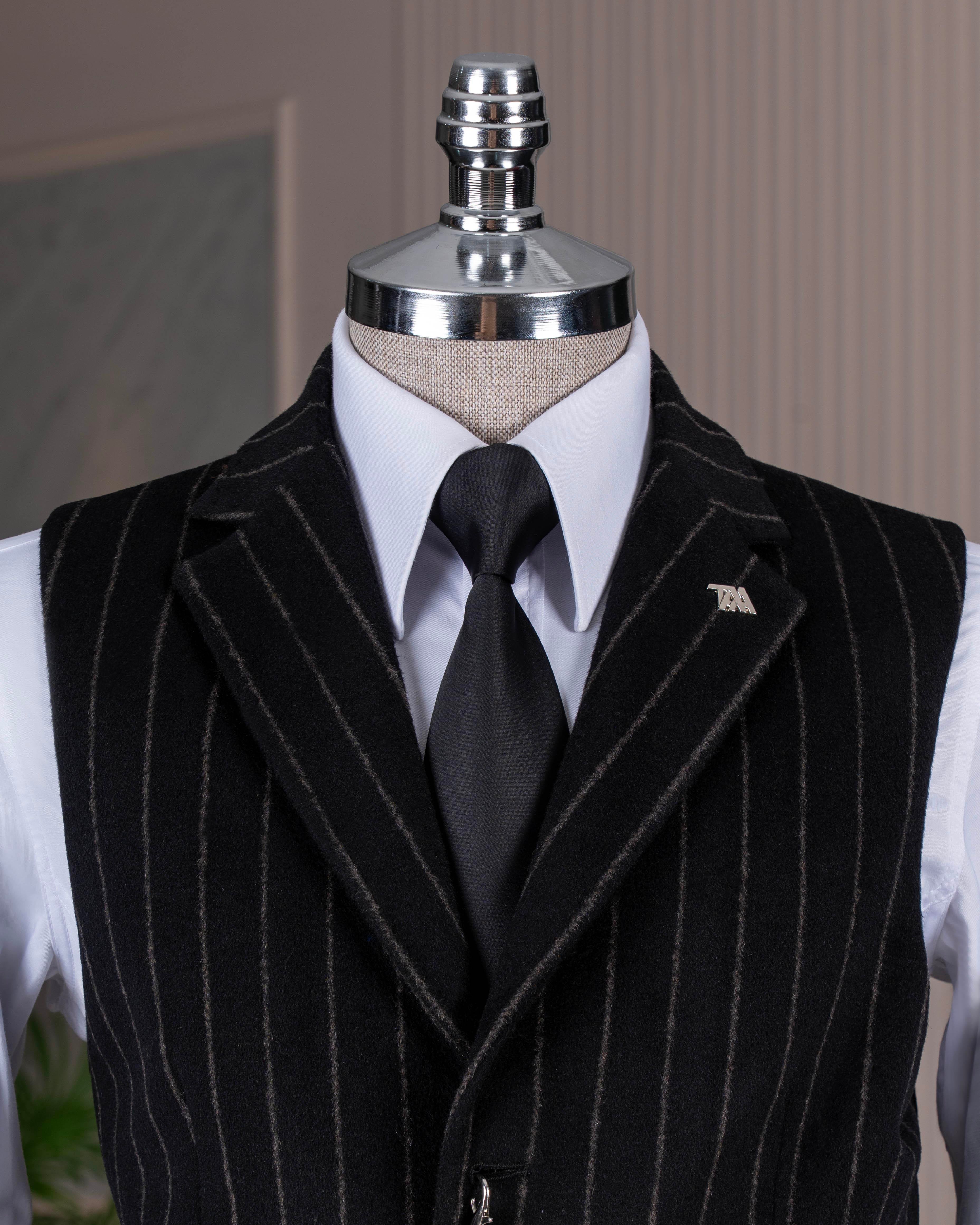 İtalyan stil mono yaka çizgili kaşe cepken yelek siyah T20012-01