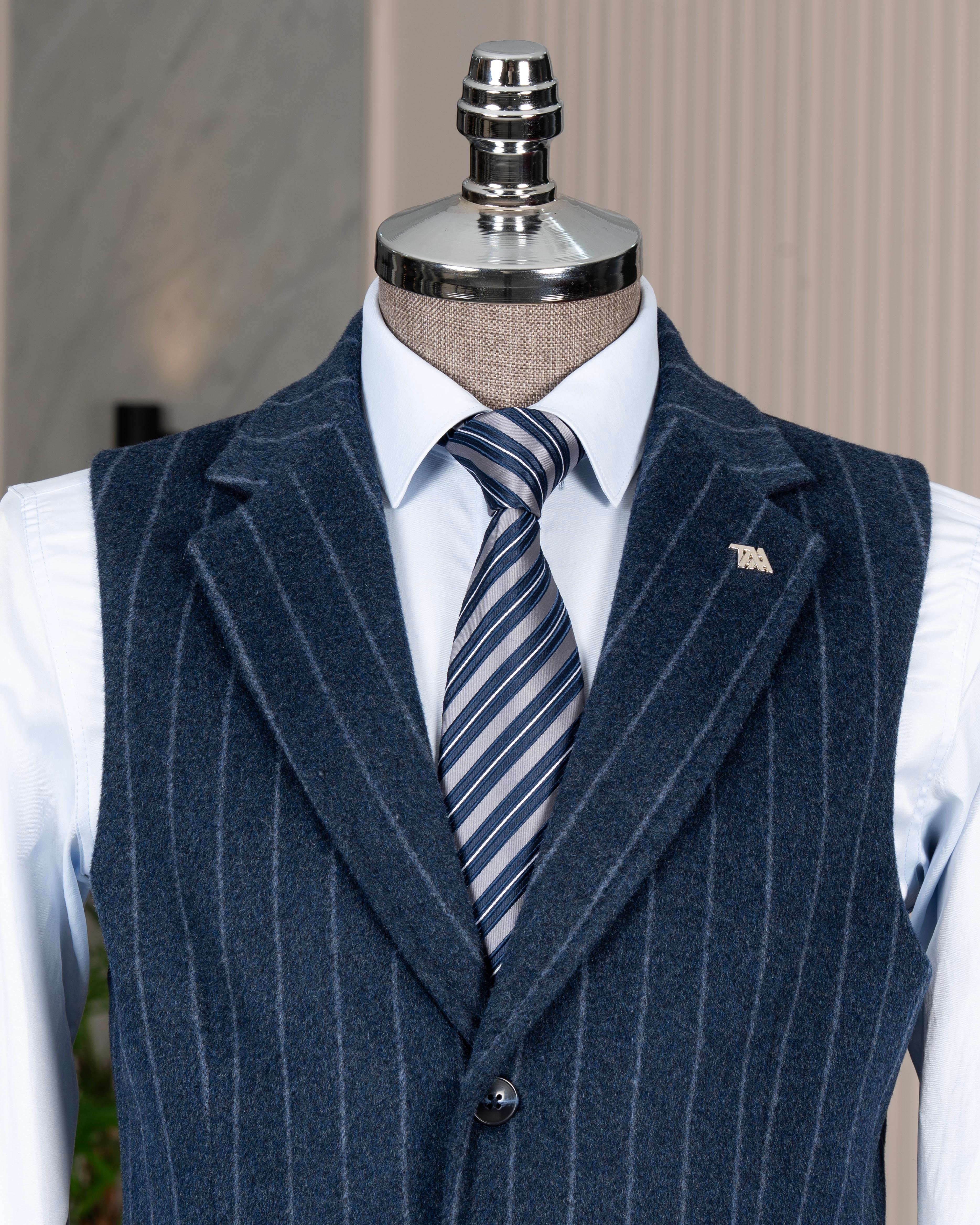 İtalyan stil mono yaka çizgili kaşe cepken yelek lacivert T20012-02