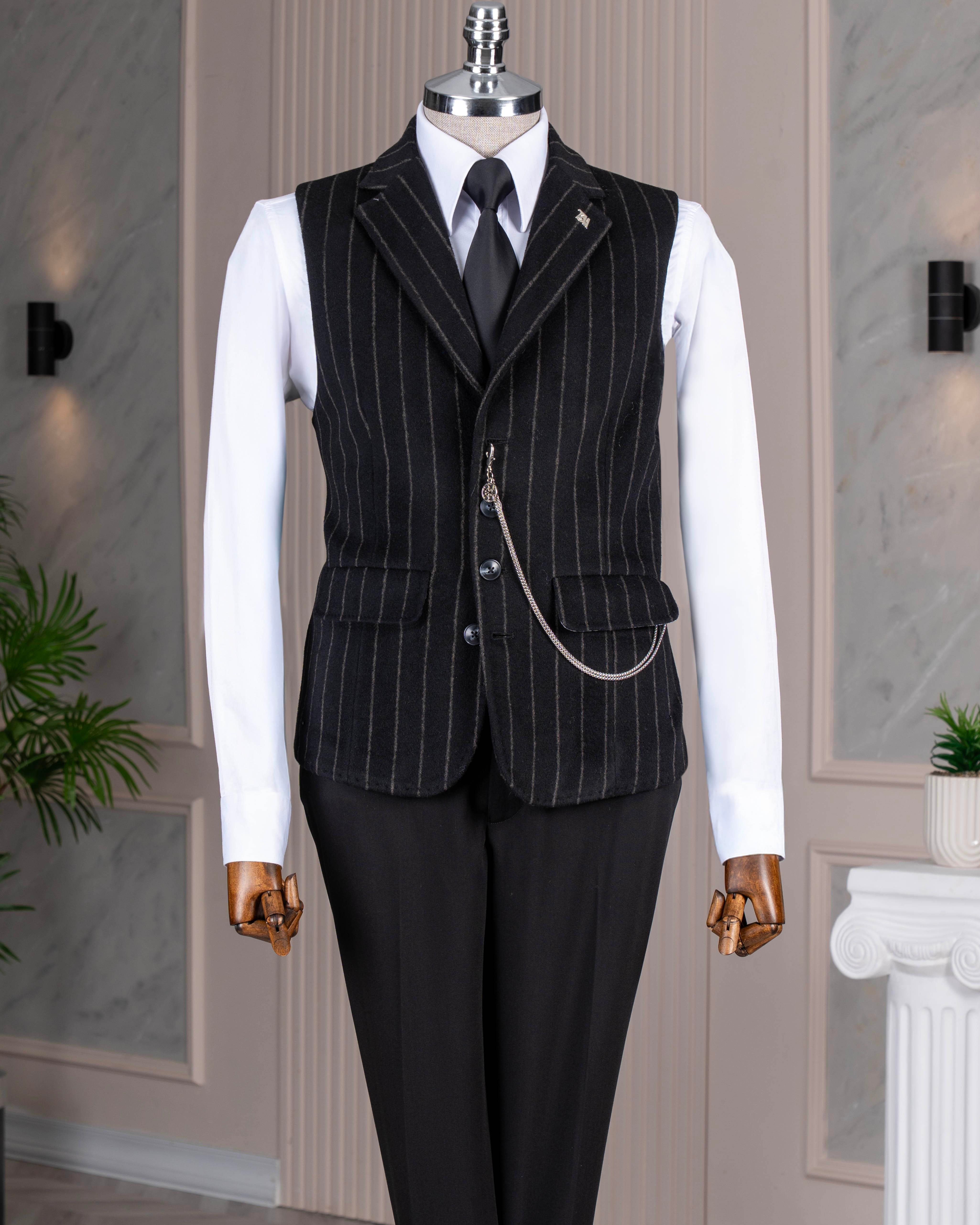 İtalyan stil mono yaka çizgili kaşe cepken yelek siyah T20012-01