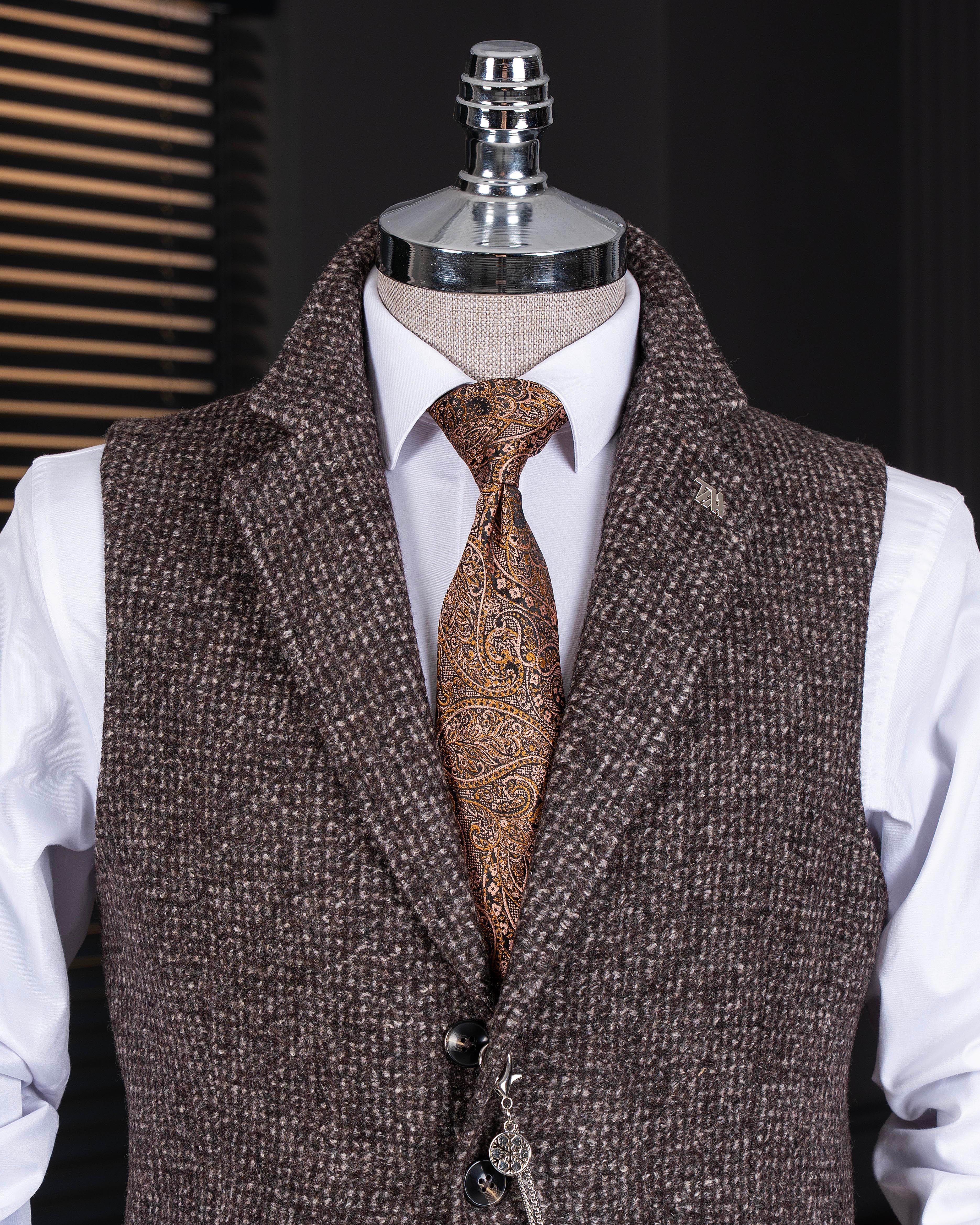 İtalyan stil mono yaka desenli kaşe cepken yelek kahverengi T20013-03