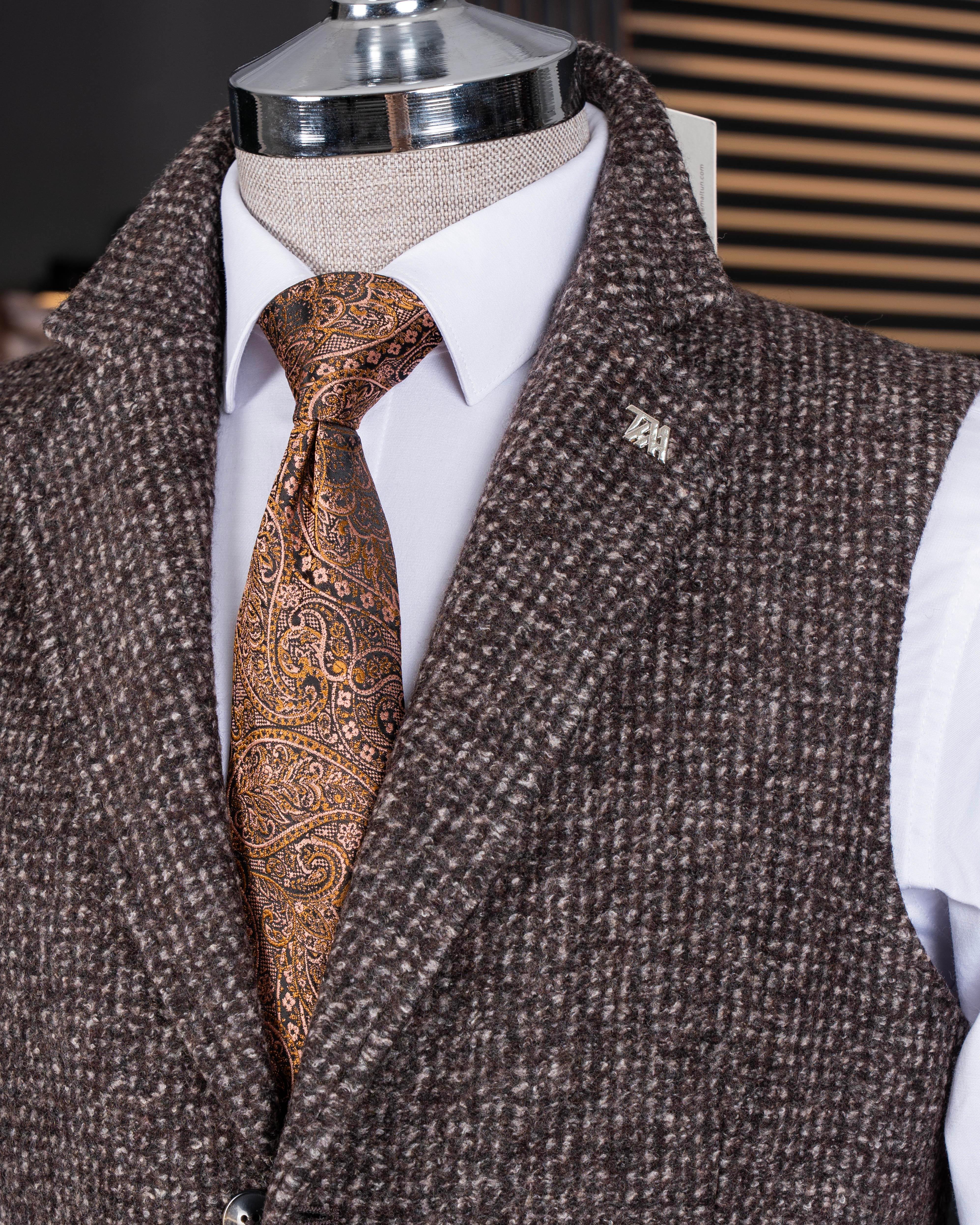 İtalyan stil mono yaka desenli kaşe cepken yelek kahverengi T20013-03