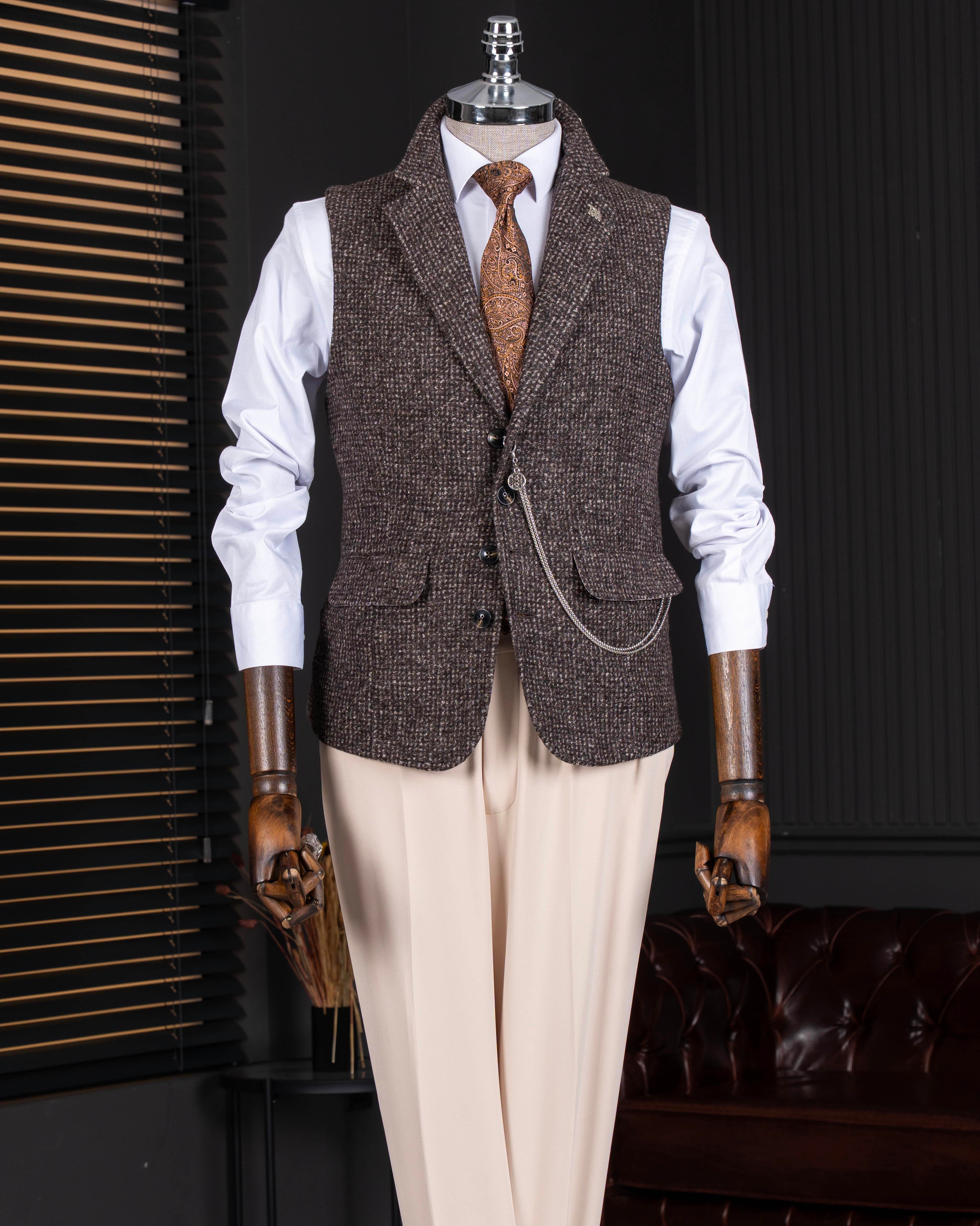 İtalyan stil mono yaka desenli kaşe cepken yelek kahverengi T20013-03