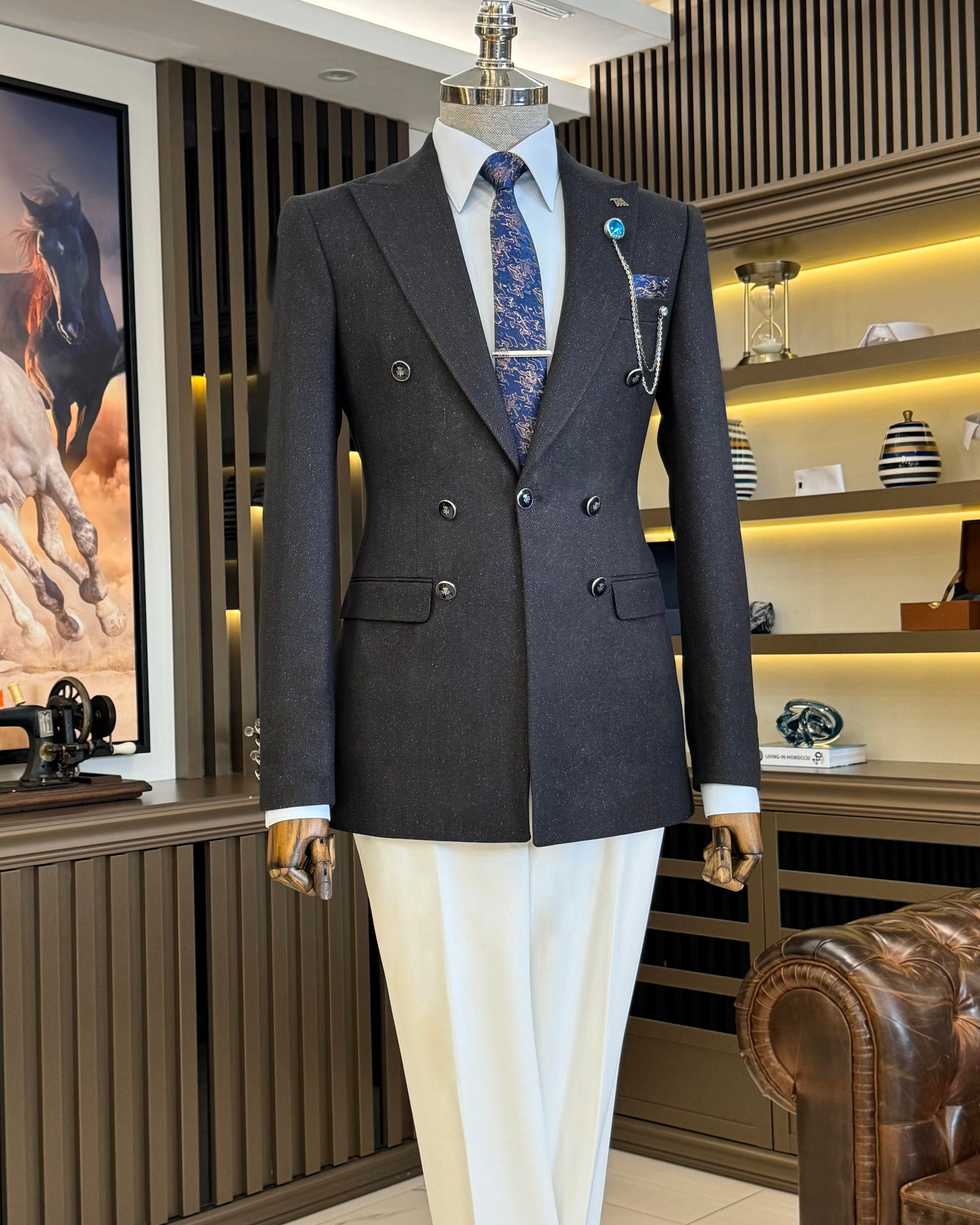 Italian style mono collar button detailed men's jacket dark blue T10546