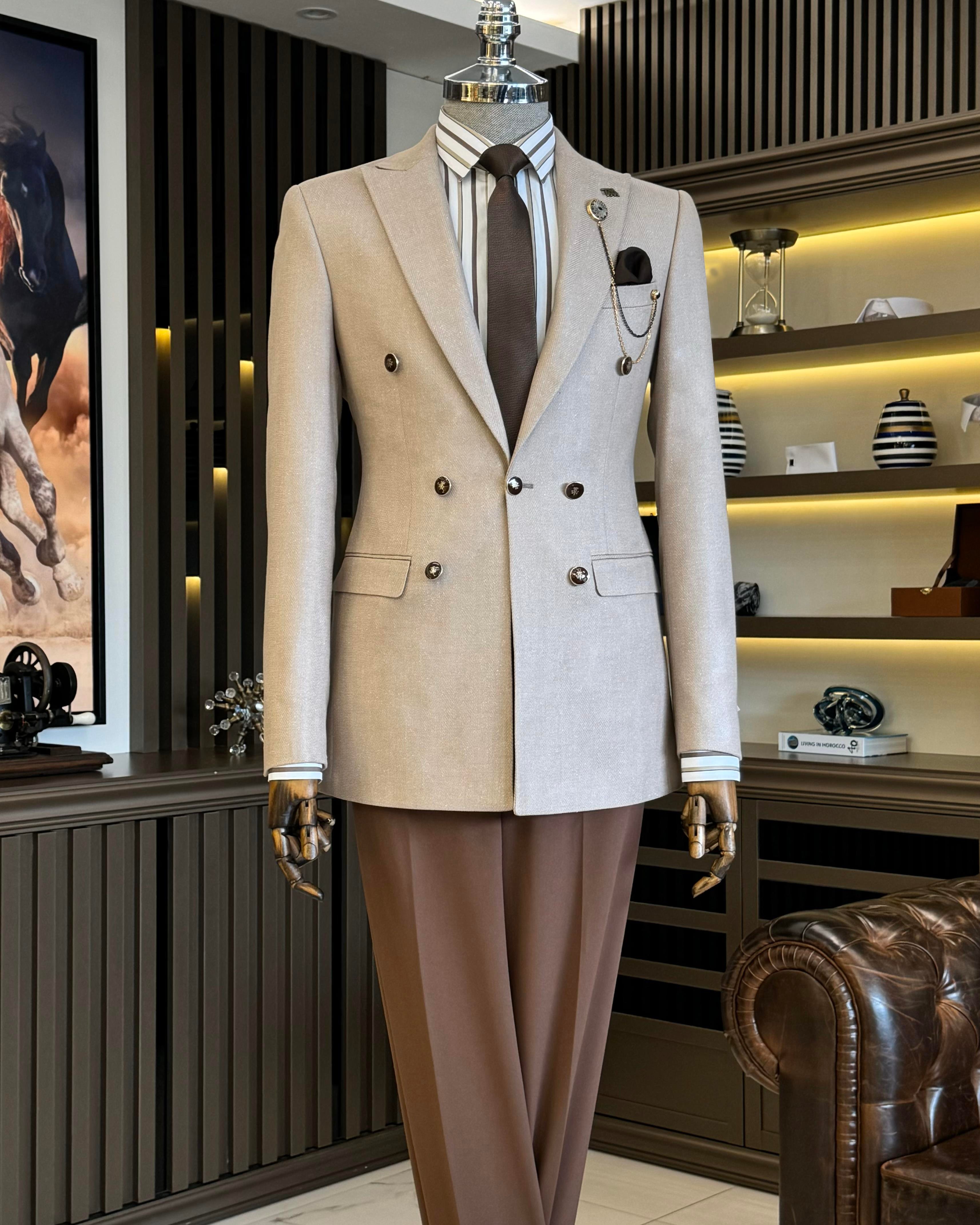 Italian style mono collar button detailed men's jacket beige T10551