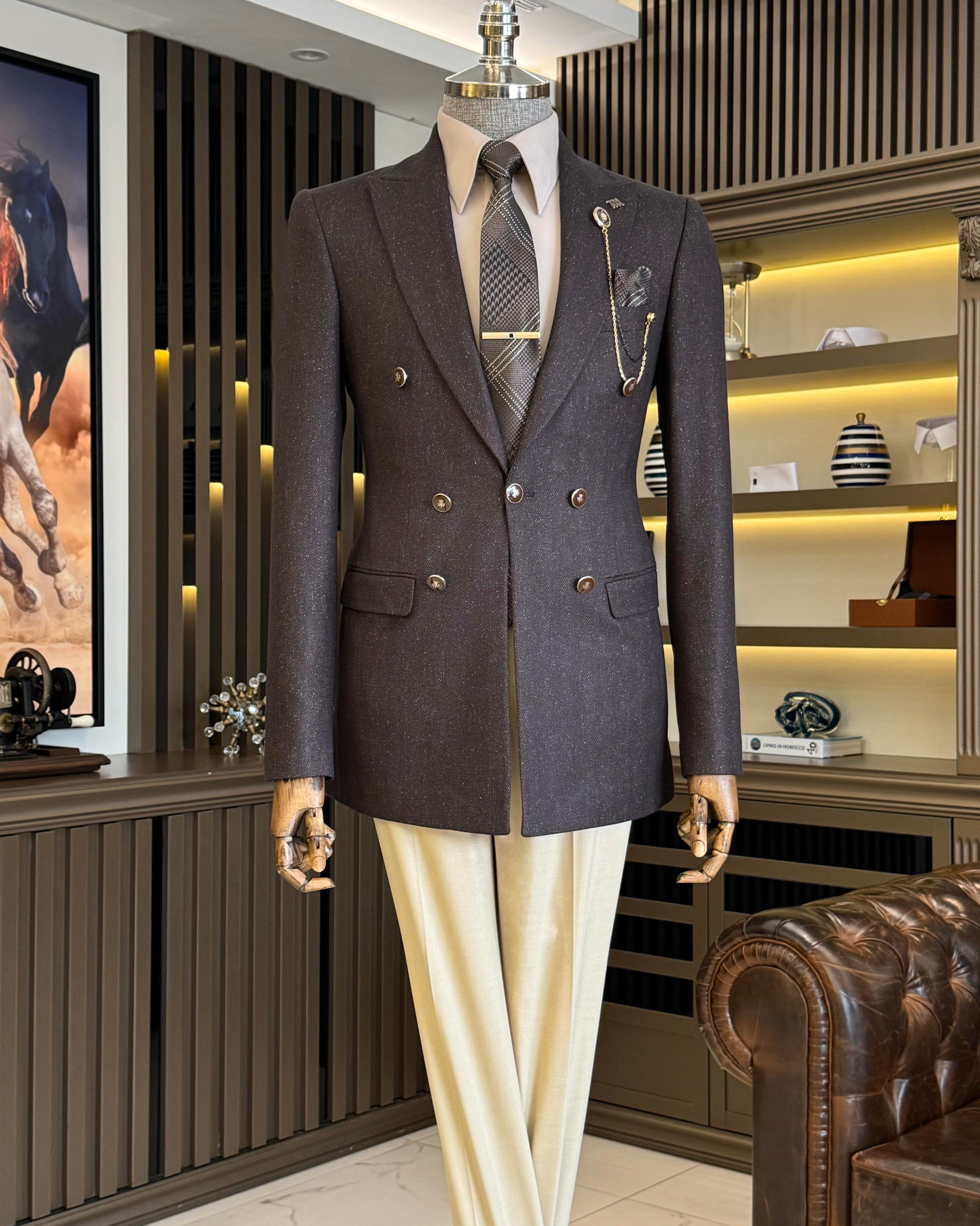 Italian style mono collar button detailed men's jacket brown T10547