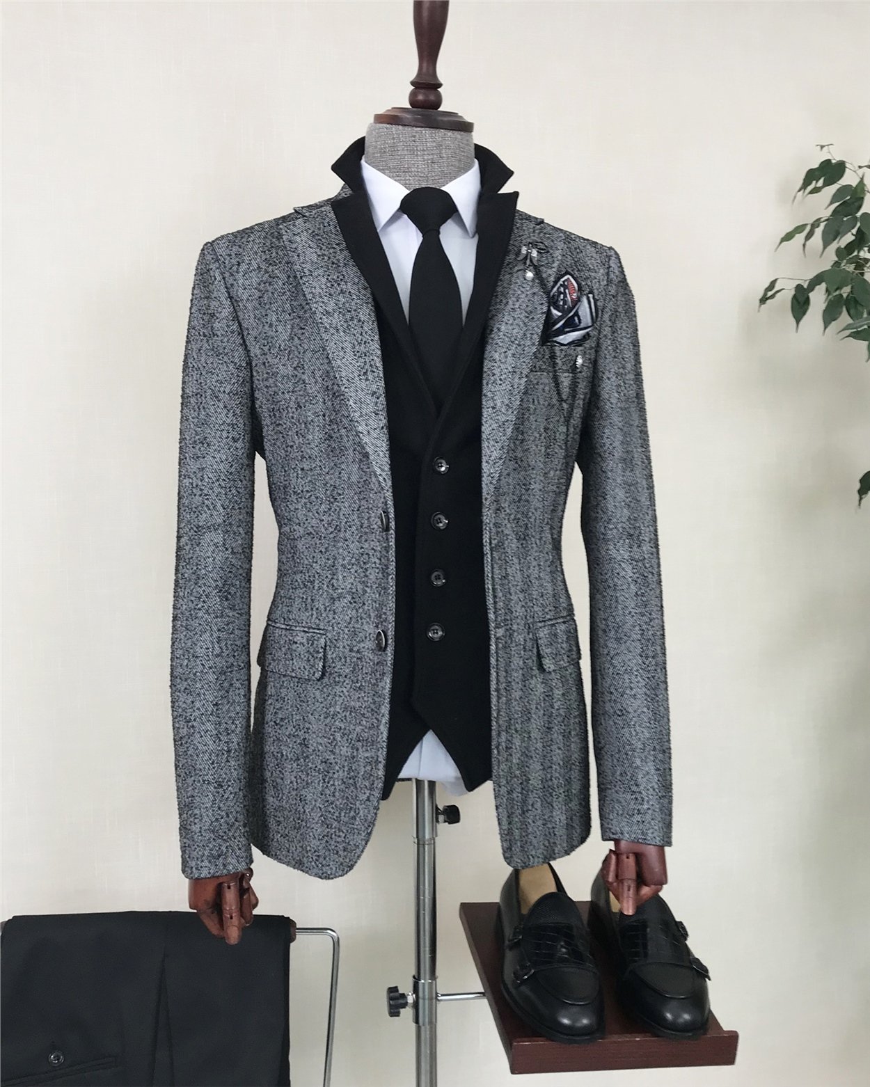 İtalyan stil  mono yaka erkek tek ceket Siyah T8564
