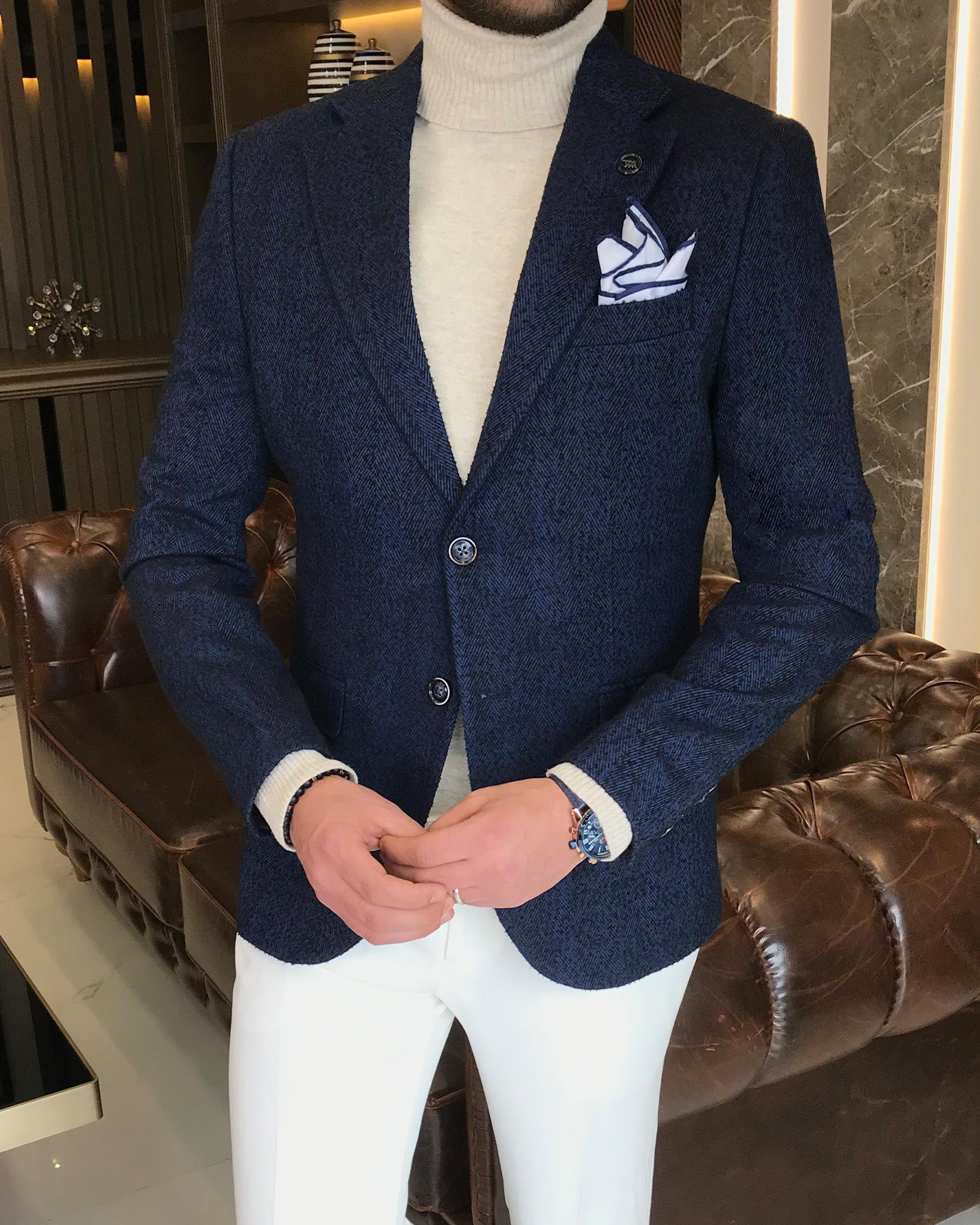 Italian Style Mono Collar Single Jacket Sax T8565