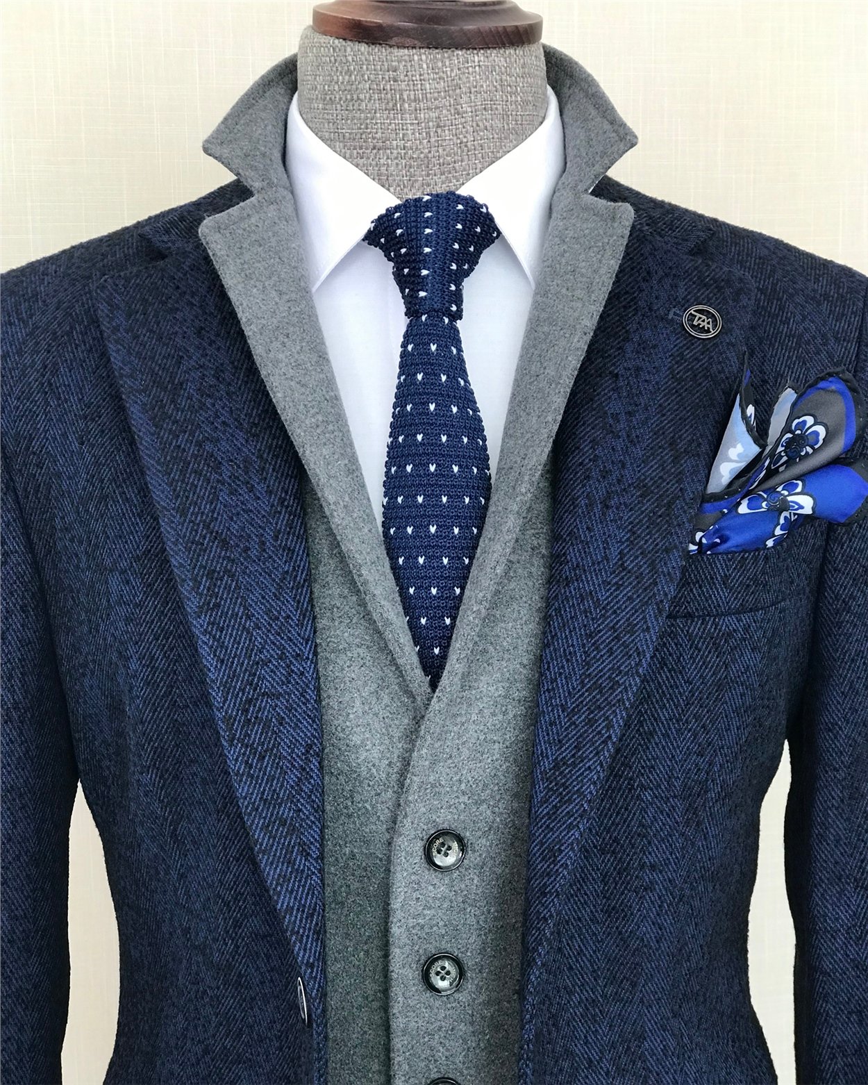İtalyan stil  mono yaka erkek tek ceket Saks T8565