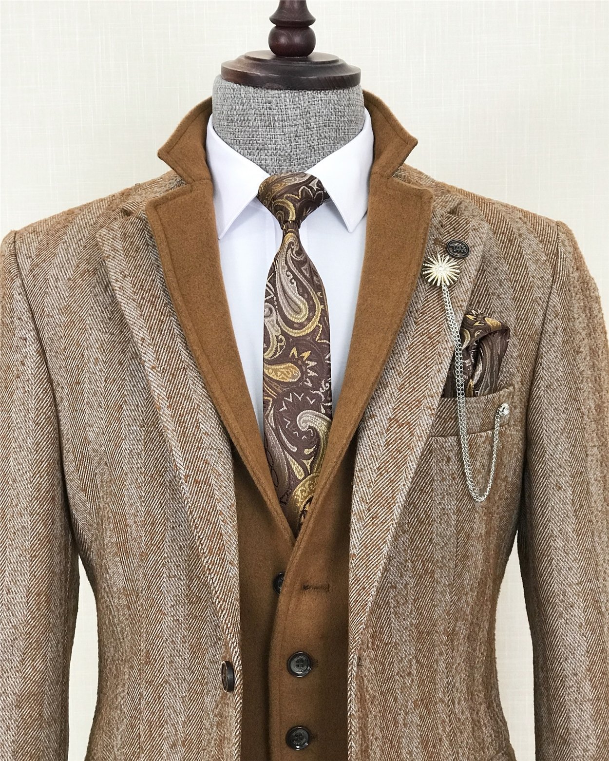İtalyan stil  mono yaka erkek tek ceket Camel T8568