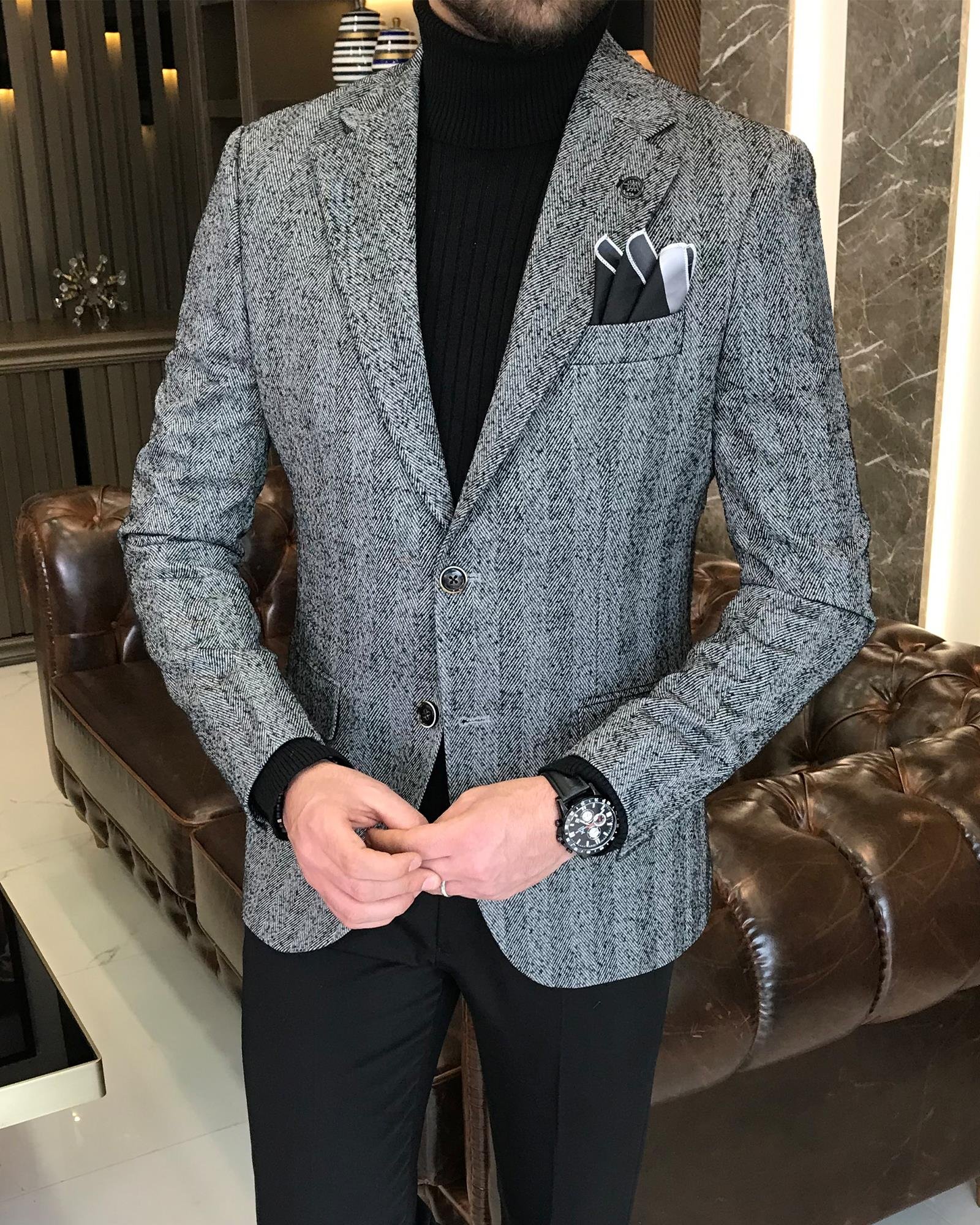 Italian Style Mono Collar Single Jacket Black T8564