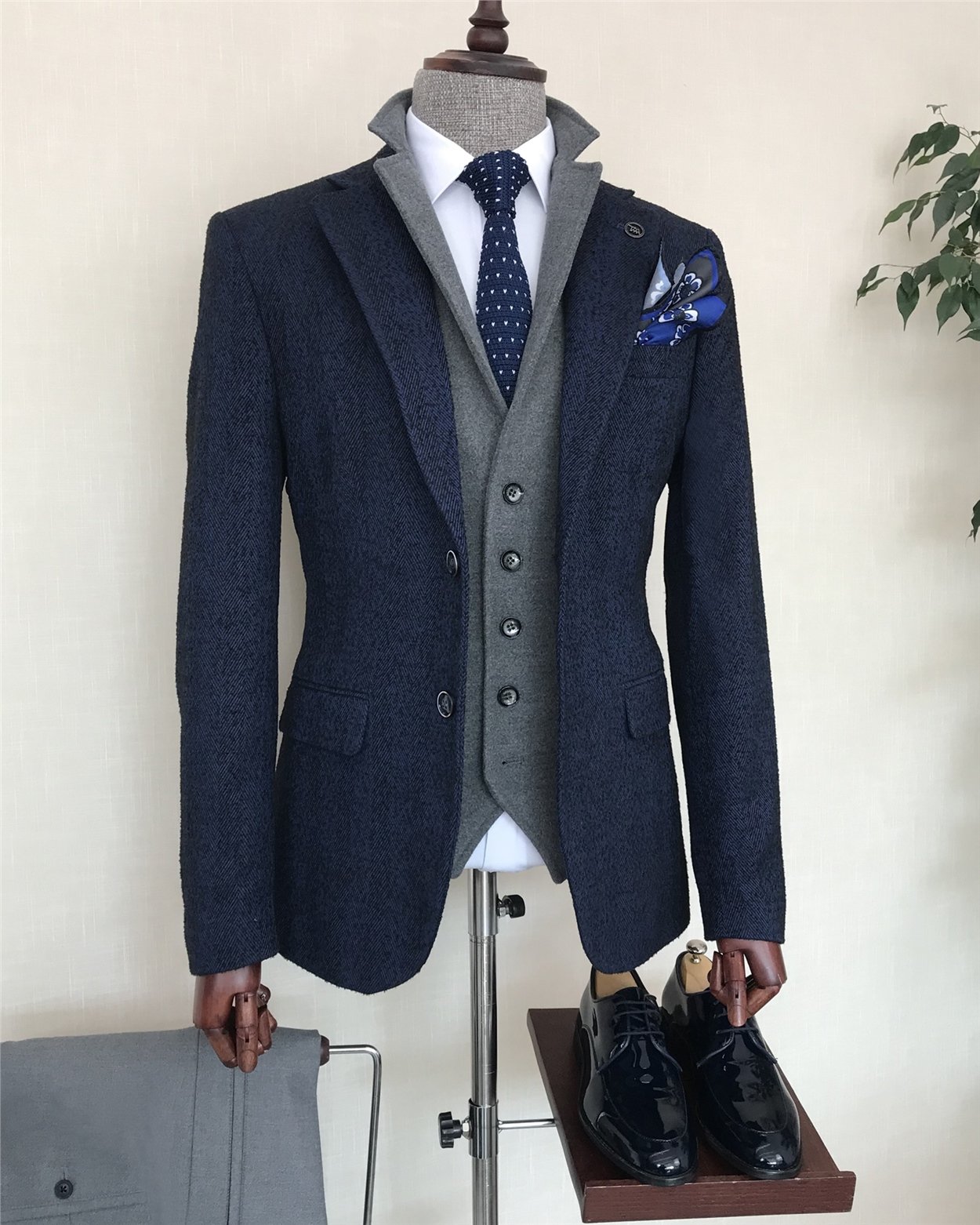 İtalyan stil  mono yaka erkek tek ceket Saks T8565