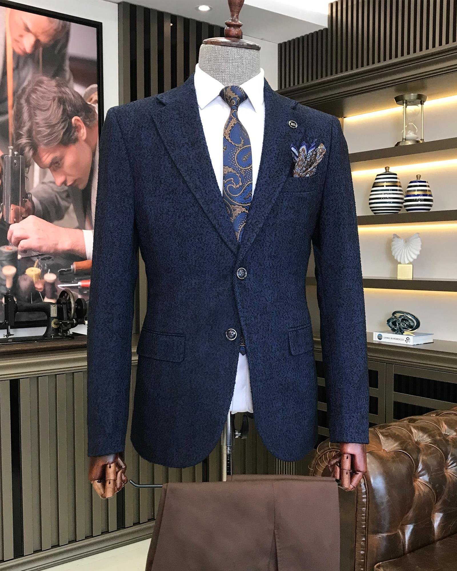 Italian Style Mono Collar Single Jacket Sax T8565