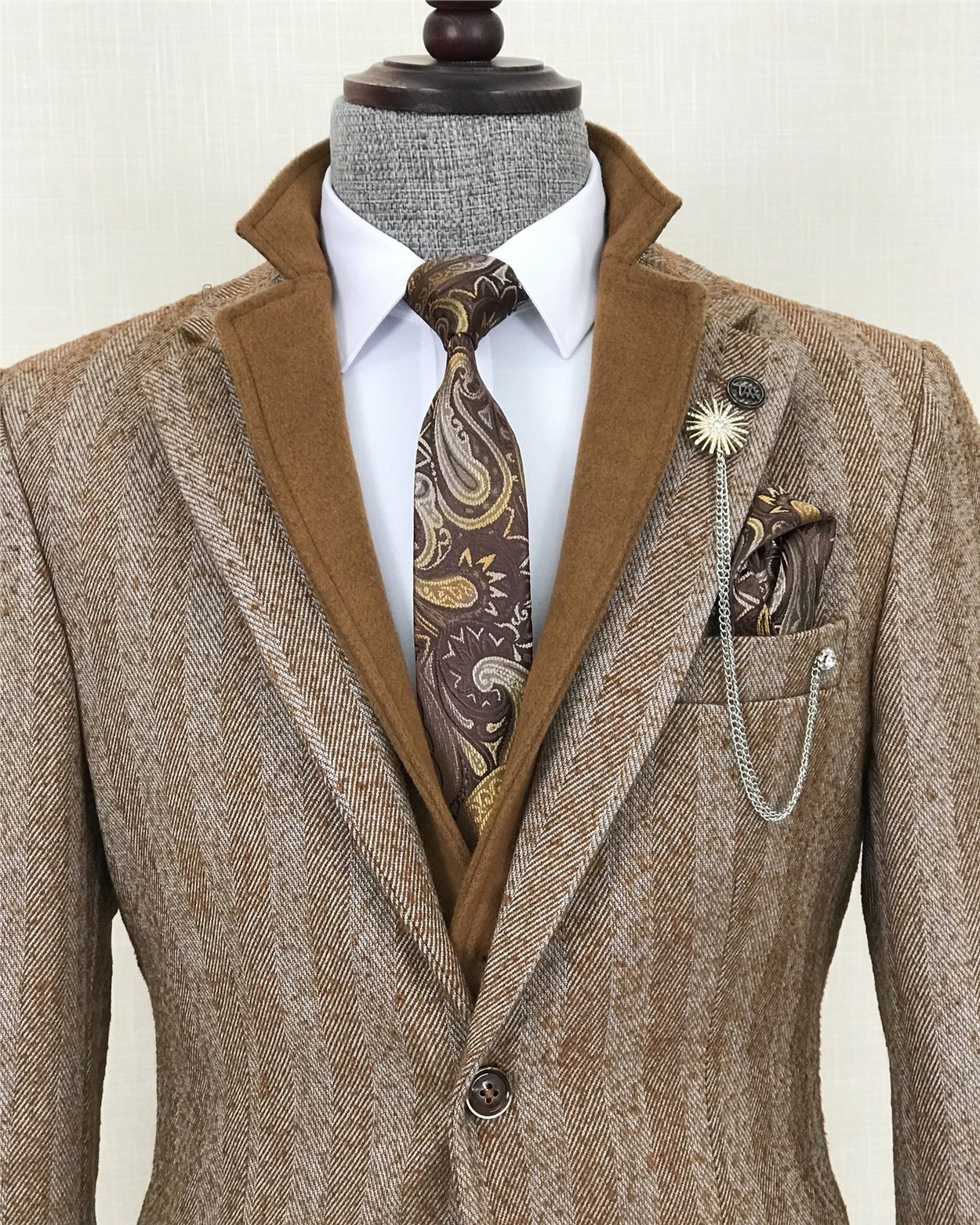 İtalyan stil  mono yaka erkek tek ceket Camel T8568