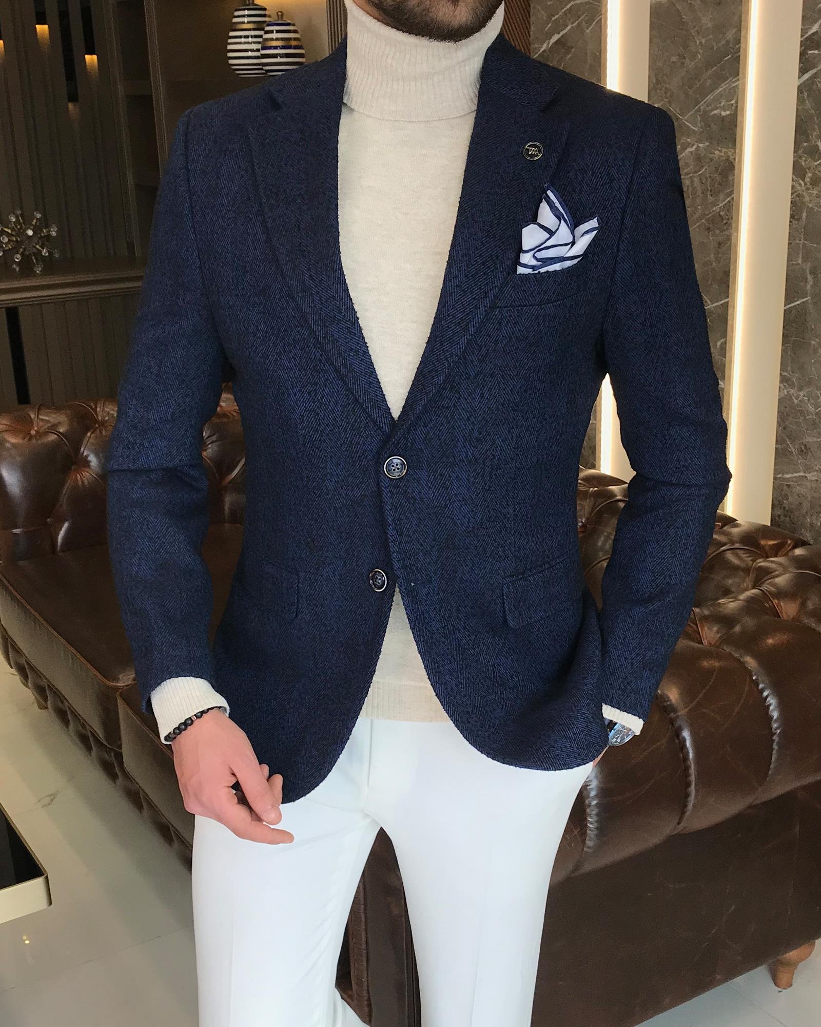 Italian Style Mono Collar Single Jacket Sax T8565