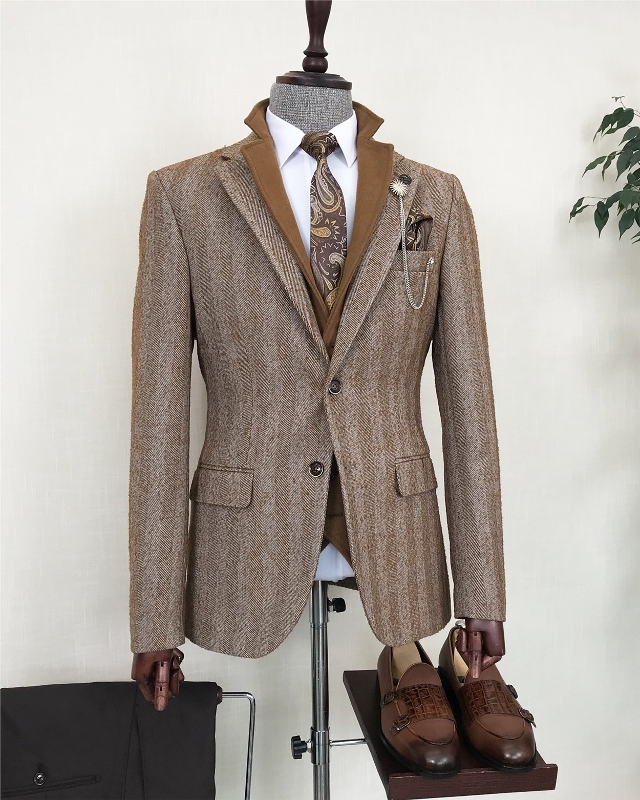 İtalyan stil  mono yaka erkek tek ceket Camel T8568