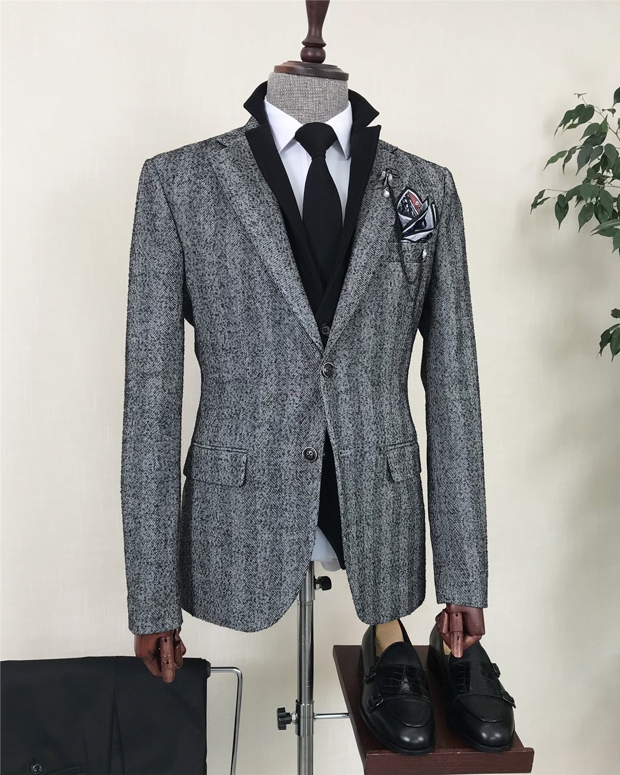 İtalyan stil  mono yaka erkek tek ceket Siyah T8564