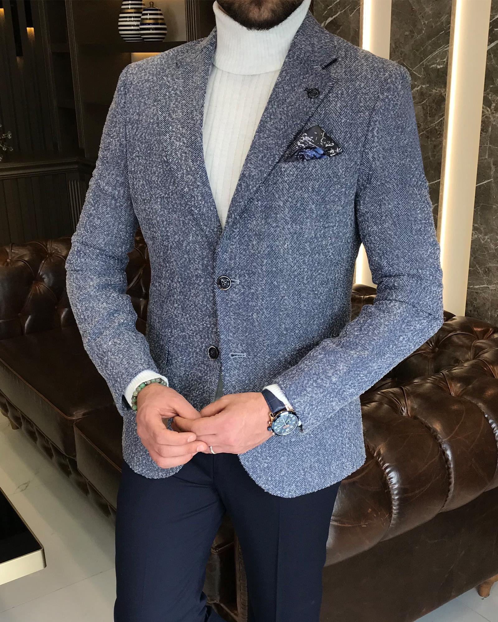 Italian Style Mono Collar Single Jacket Blue T8567