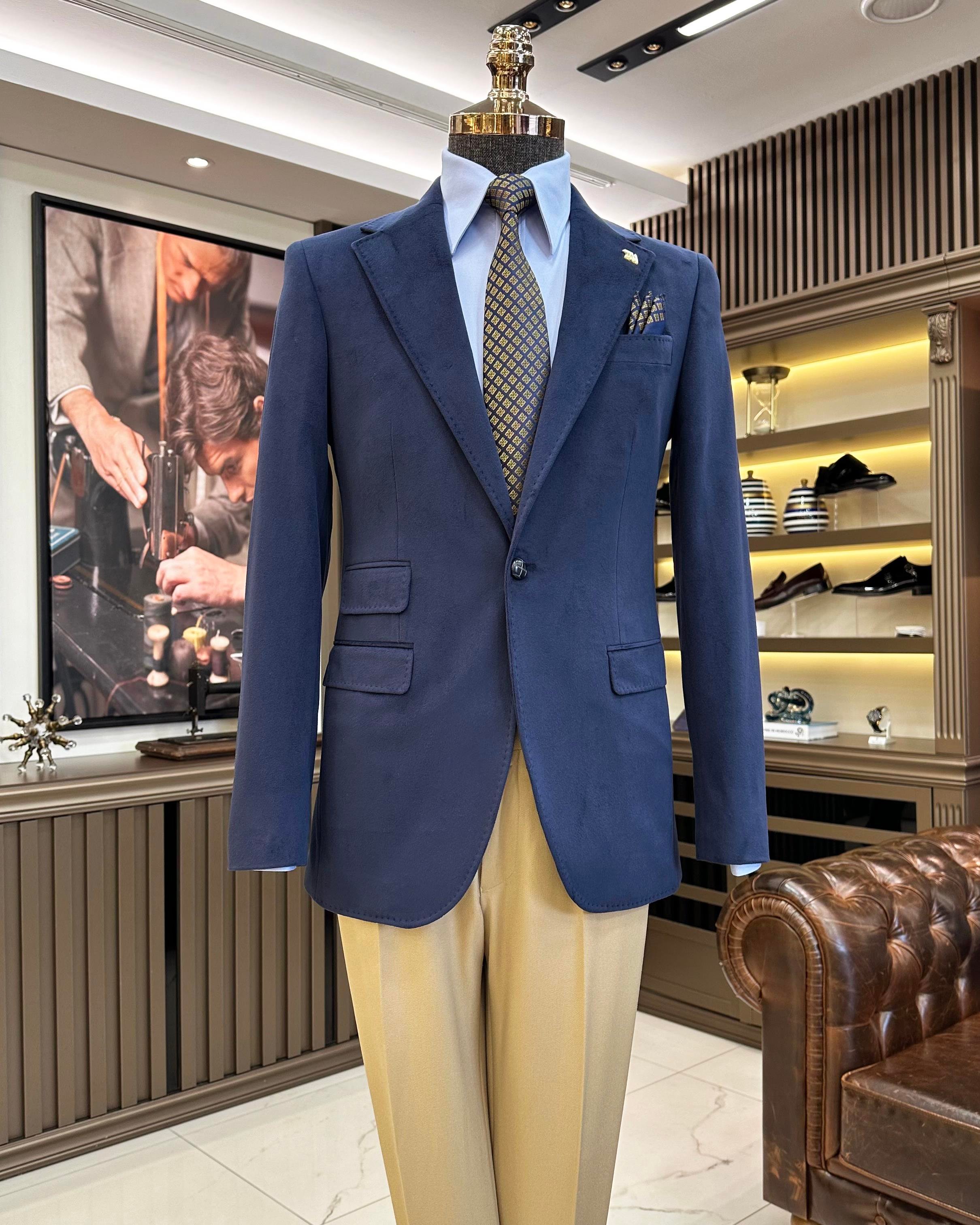 İtalyan stil mono yaka kadife erkek tek ceket lacivert T11046