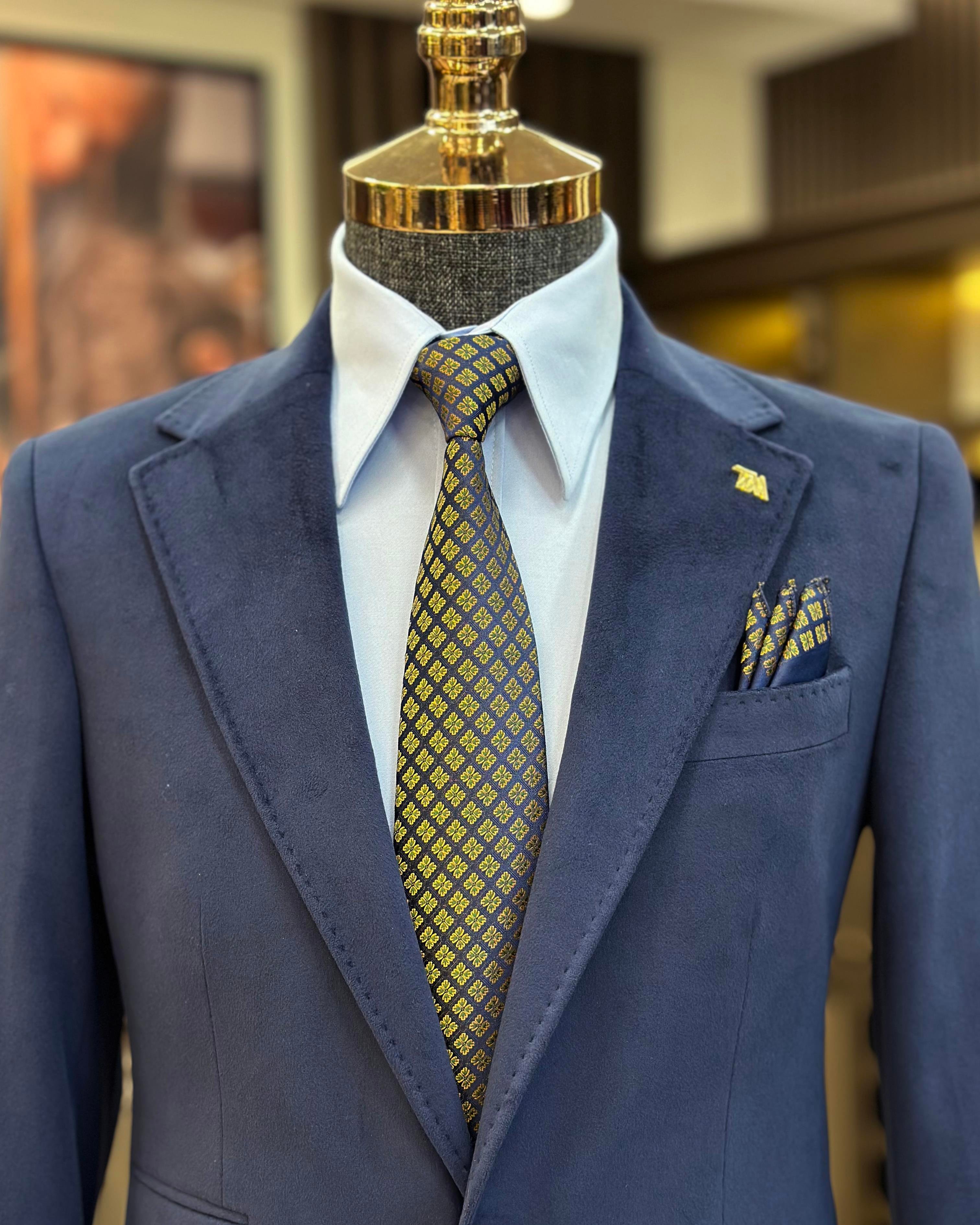 İtalyan stil mono yaka kadife erkek tek ceket lacivert T11046