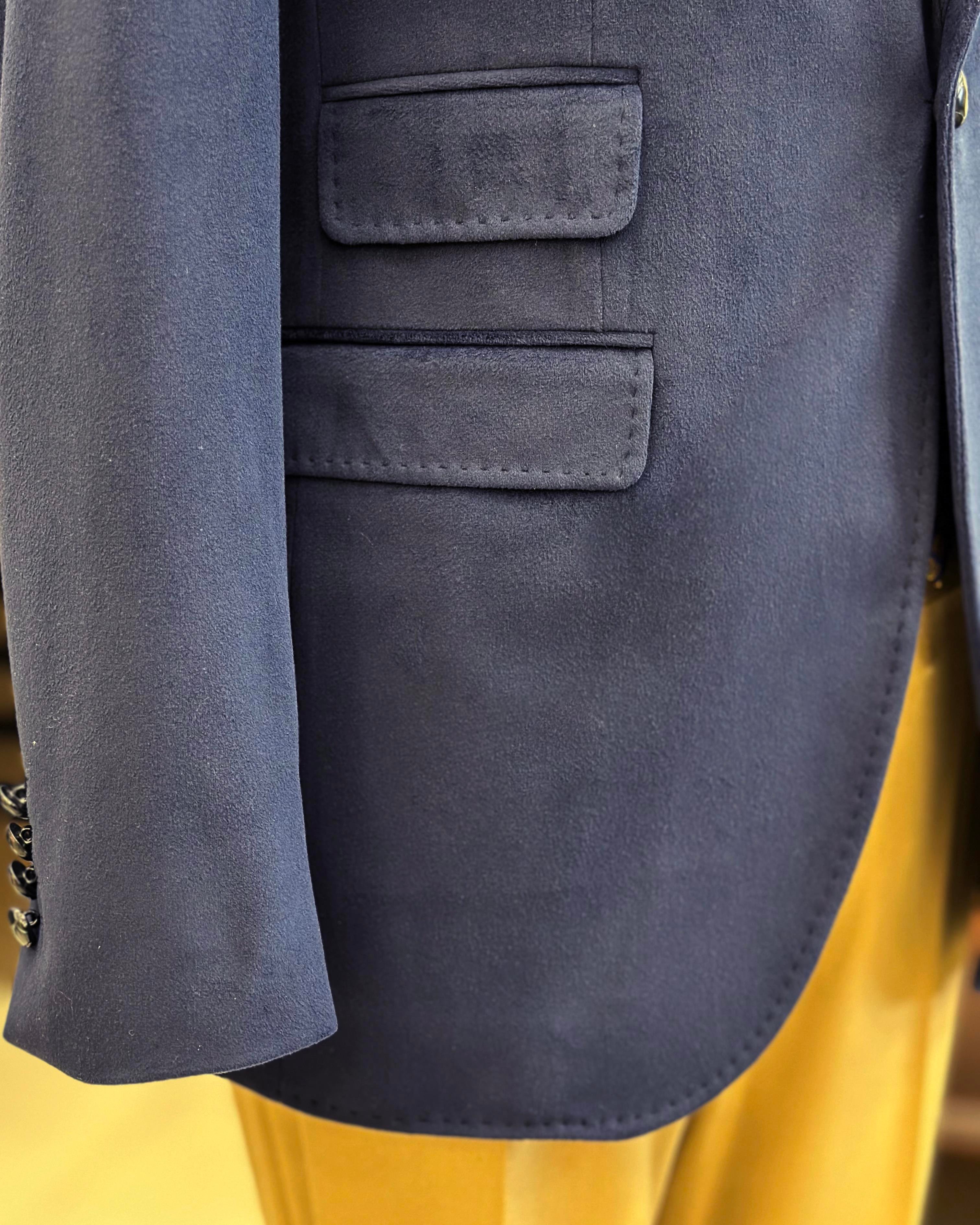 İtalyan stil mono yaka kadife erkek tek ceket lacivert T11046