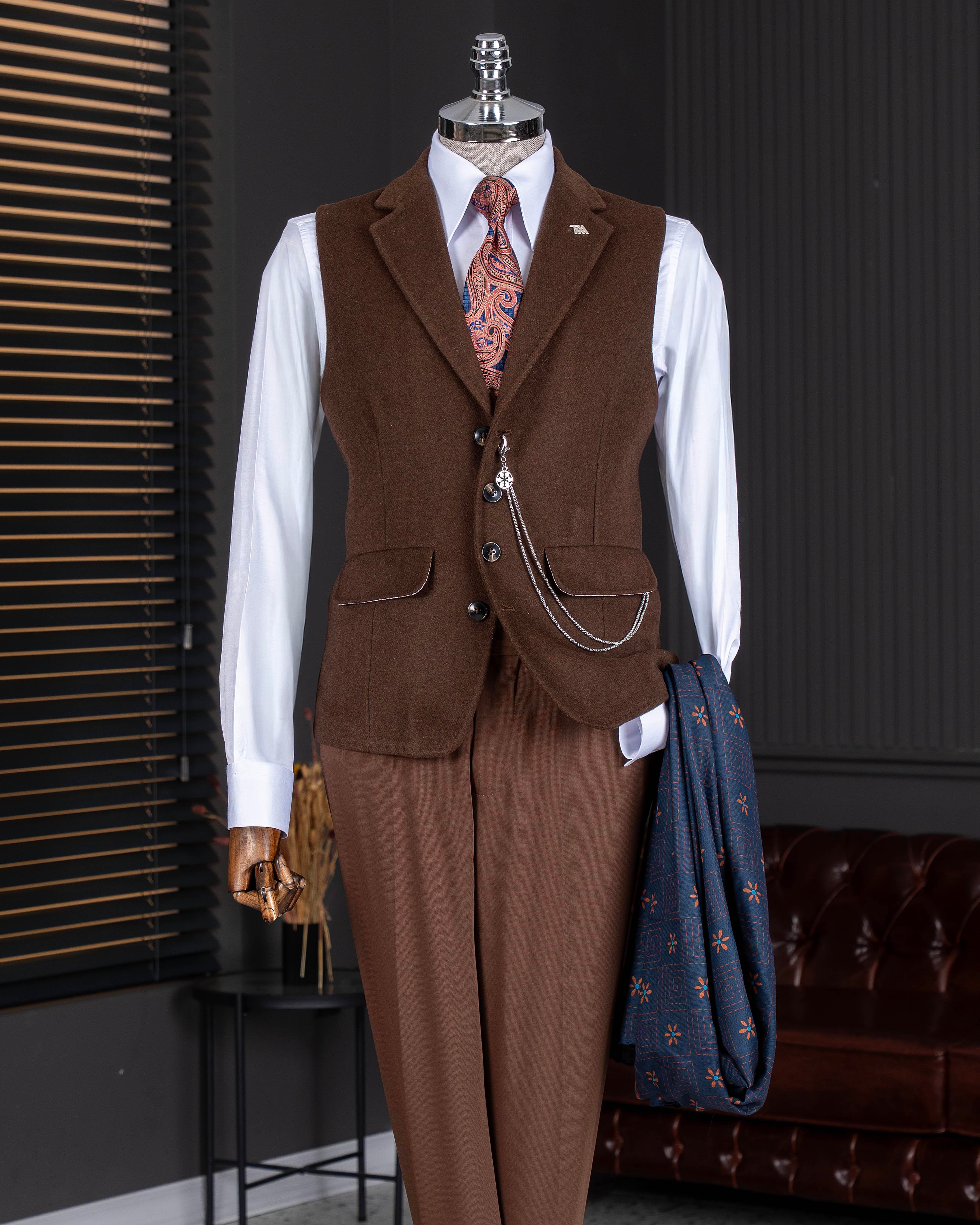 İtalyan stil mono yaka kaşe cepken yelek açık kahverengi T20014-31