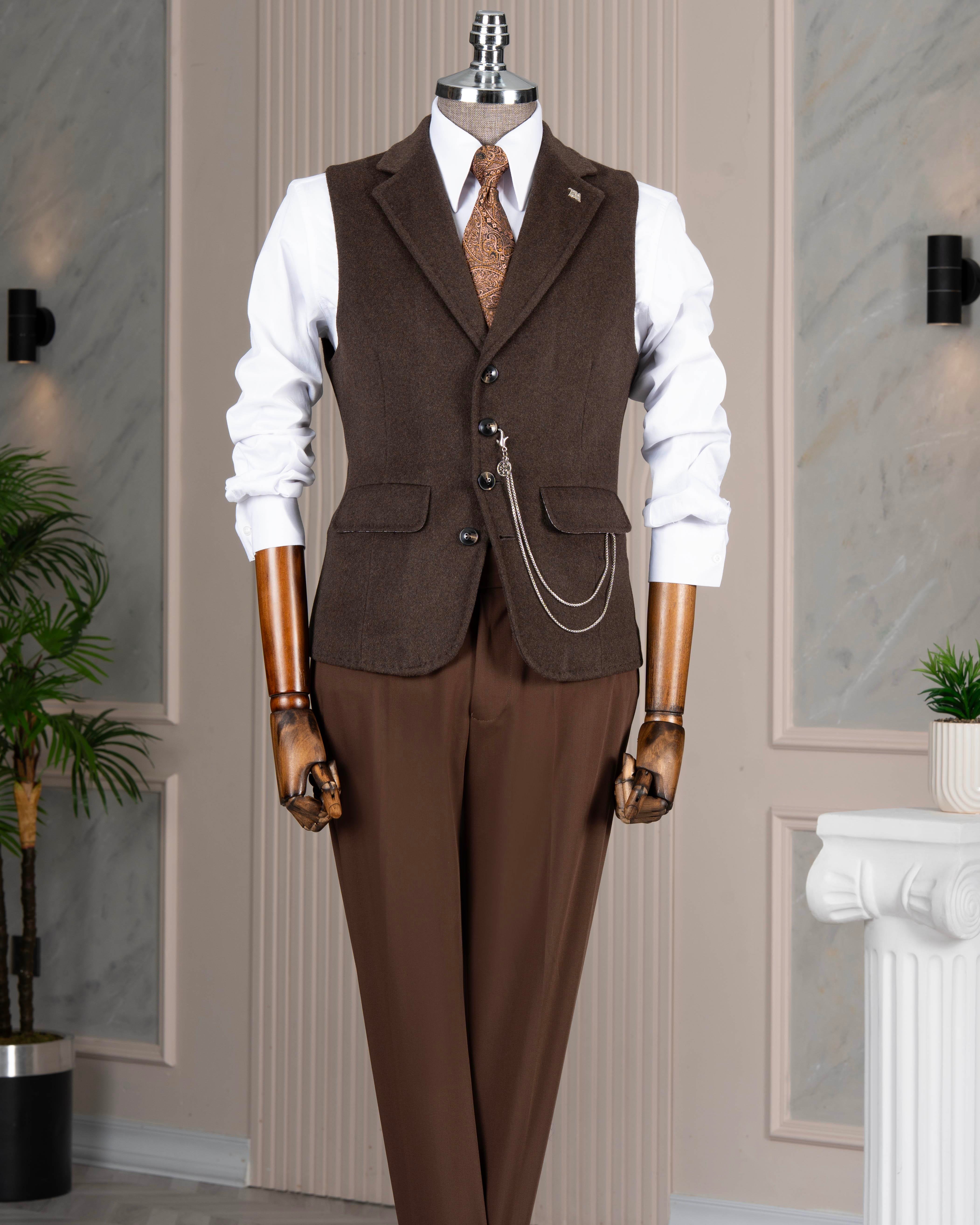 İtalyan stil mono yaka kaşe cepken yelek kahverengi T20014-03