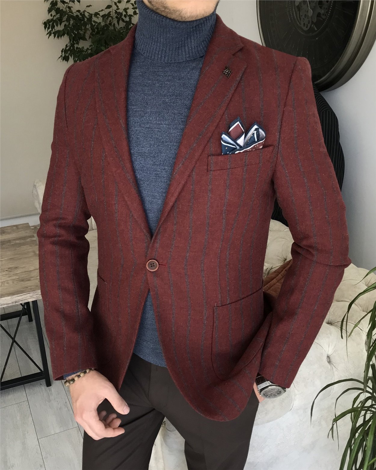 İtalyan stil mono yaka yün karışımlı erkek çizgili tek ceket Bordo T8314