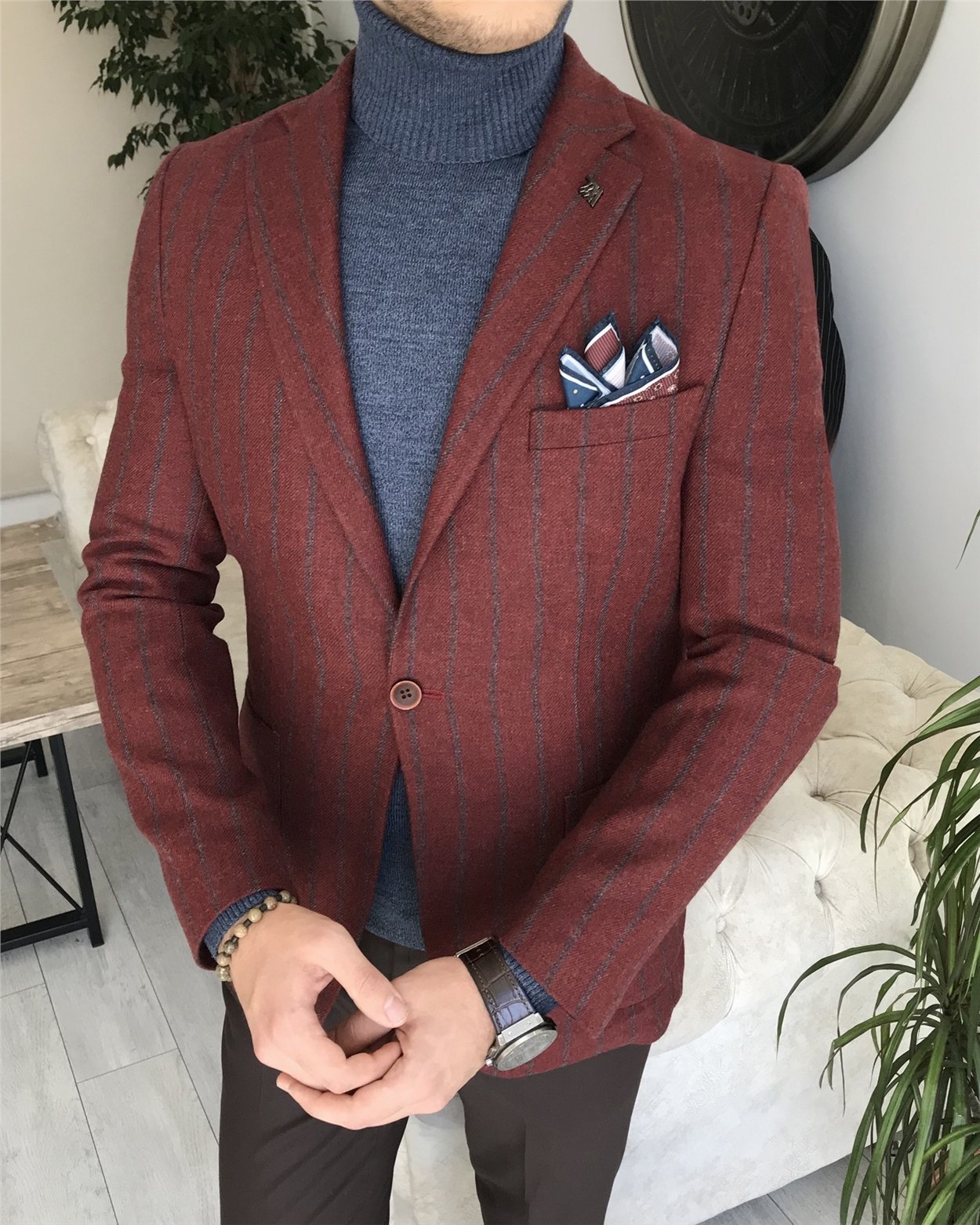 İtalyan stil mono yaka yün karışımlı erkek çizgili tek ceket Bordo T8314