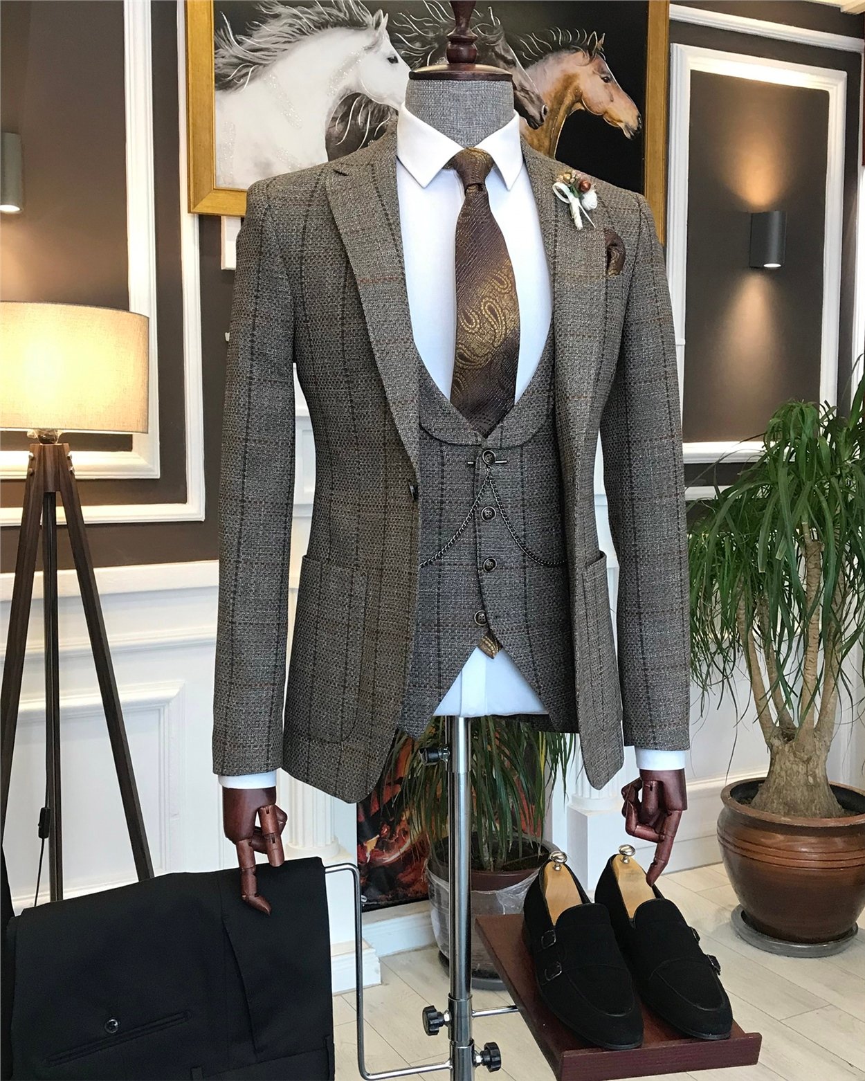 İtalyan stil slim ceket yelek pantolon takım elbise kahverengi T6453