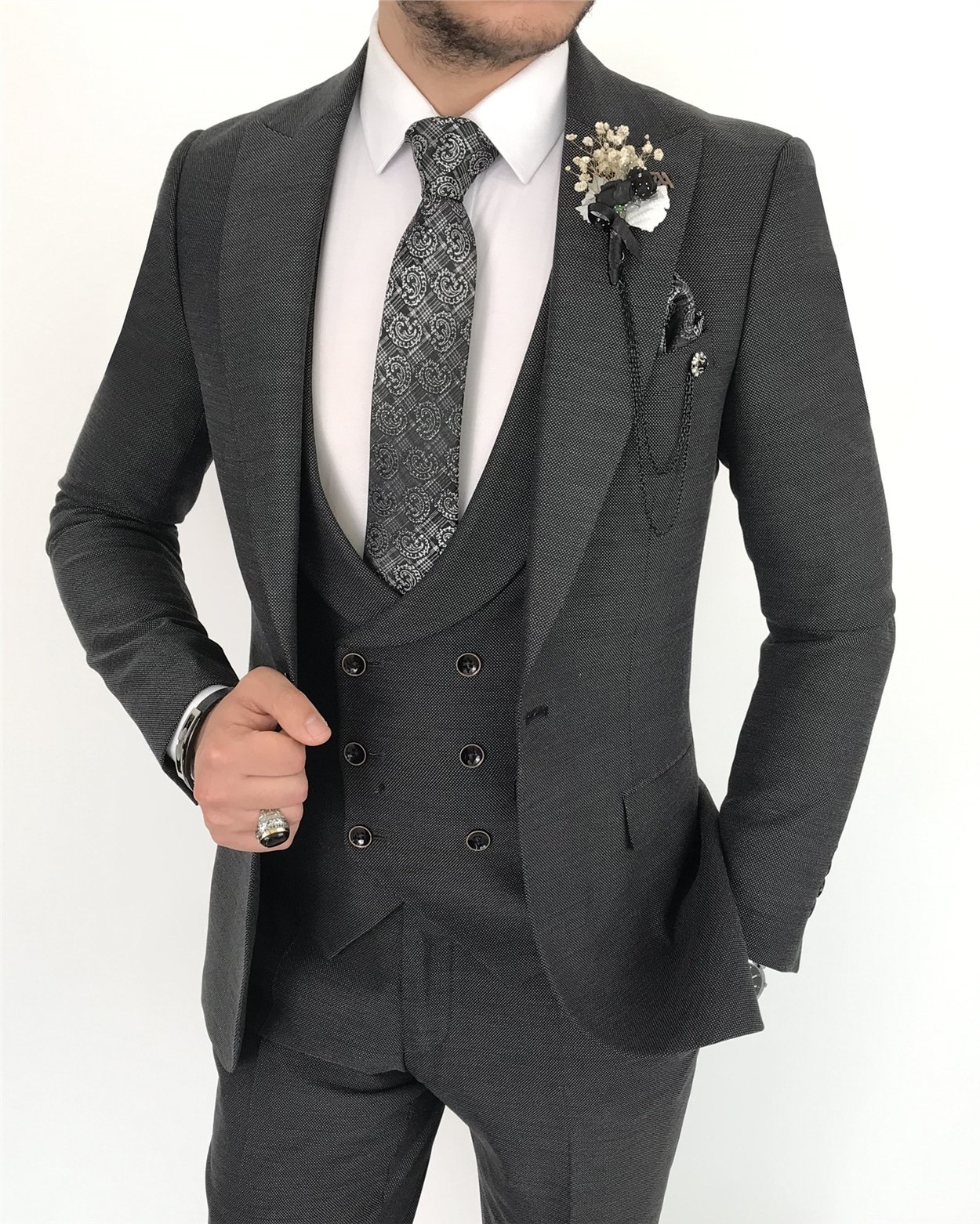 İtalyan stil slim ceket yelek pantolon antrasit  takım elbise T7912