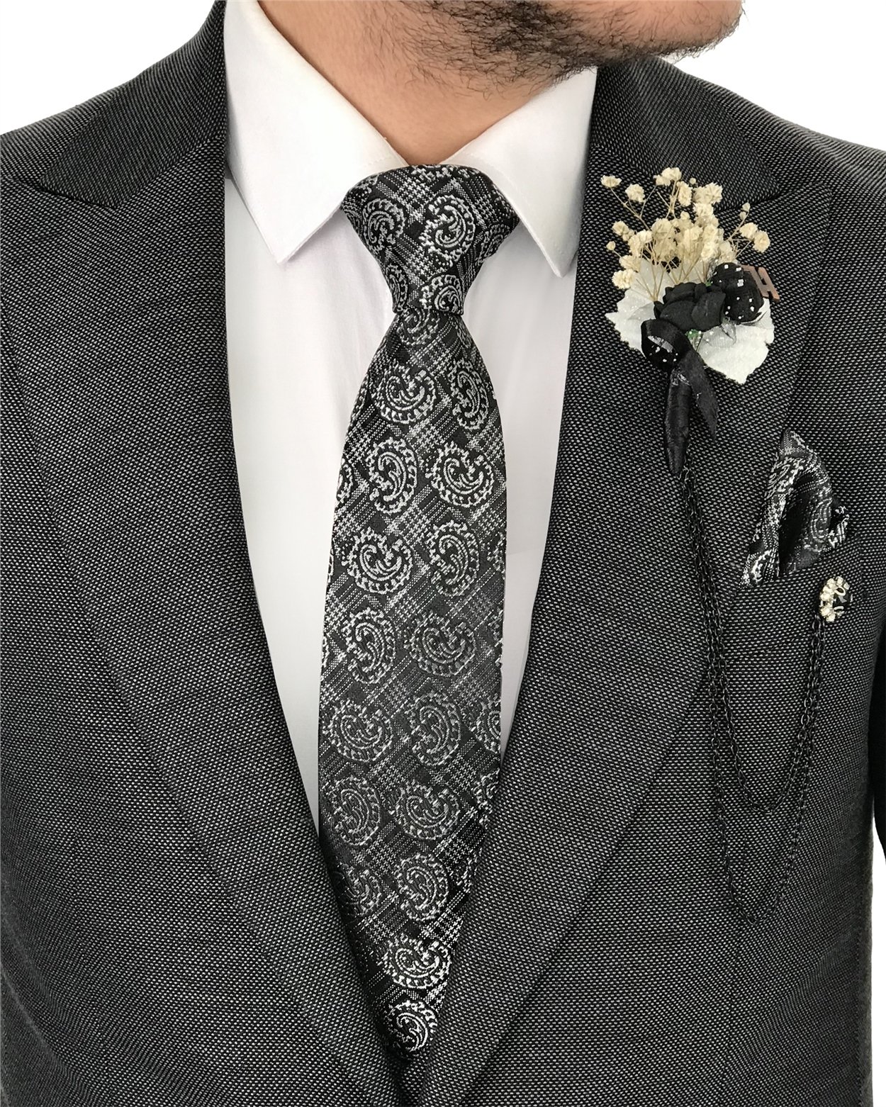 İtalyan stil slim ceket yelek pantolon antrasit  takım elbise T7912
