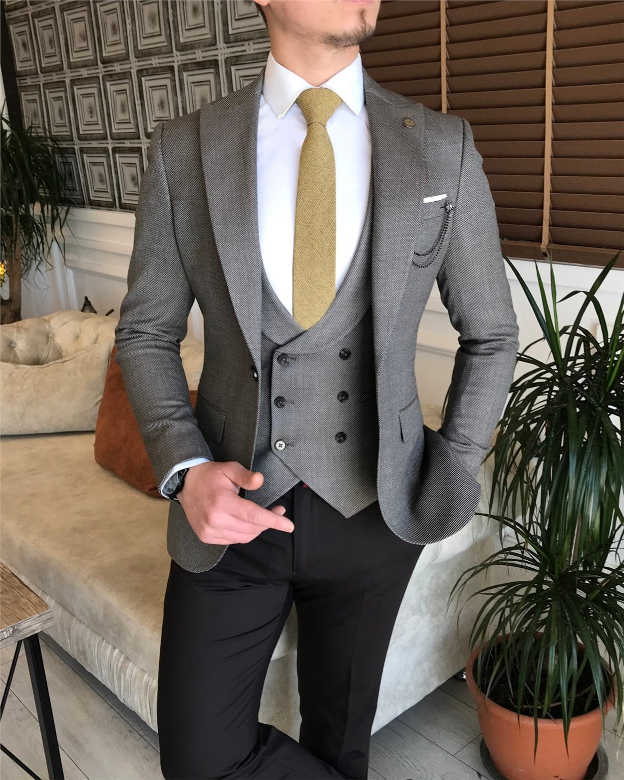 İtalyan stil slim ceket yelek pantolon kombin Bej T4156